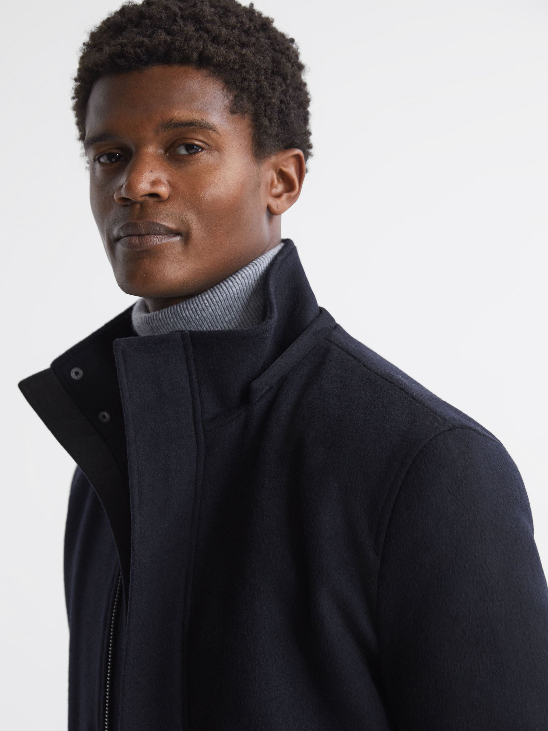 Wool Blend Removable Hooded Coat in Navy - REISS