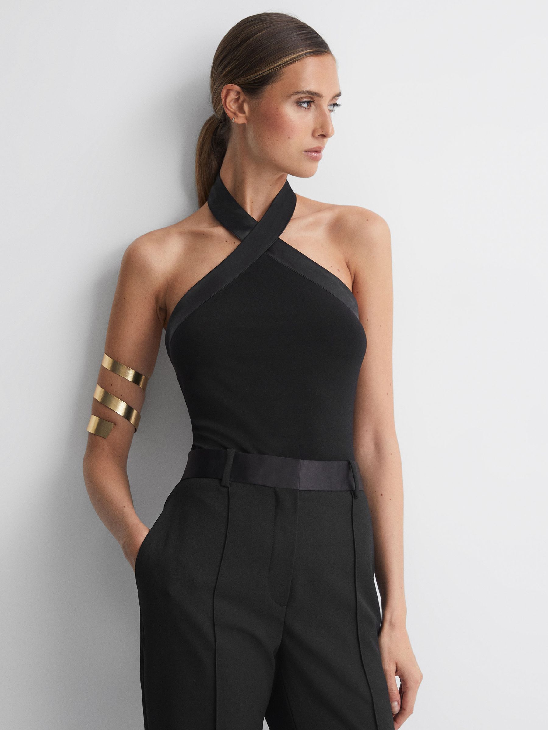 Satin Halter Neck Top In Black   REISS