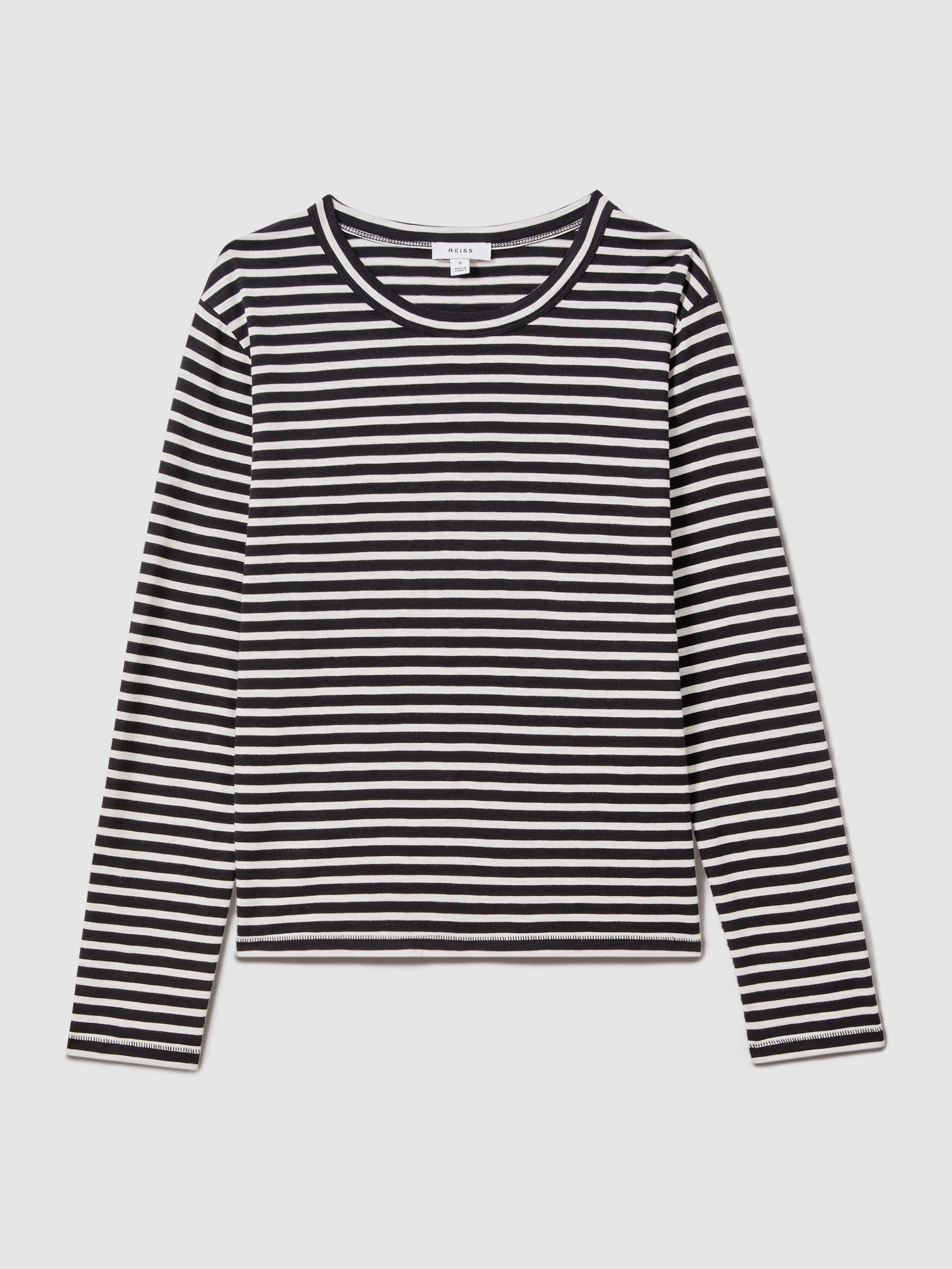 Cotton Striped Crew Neck Top in Black/Ivory - REISS