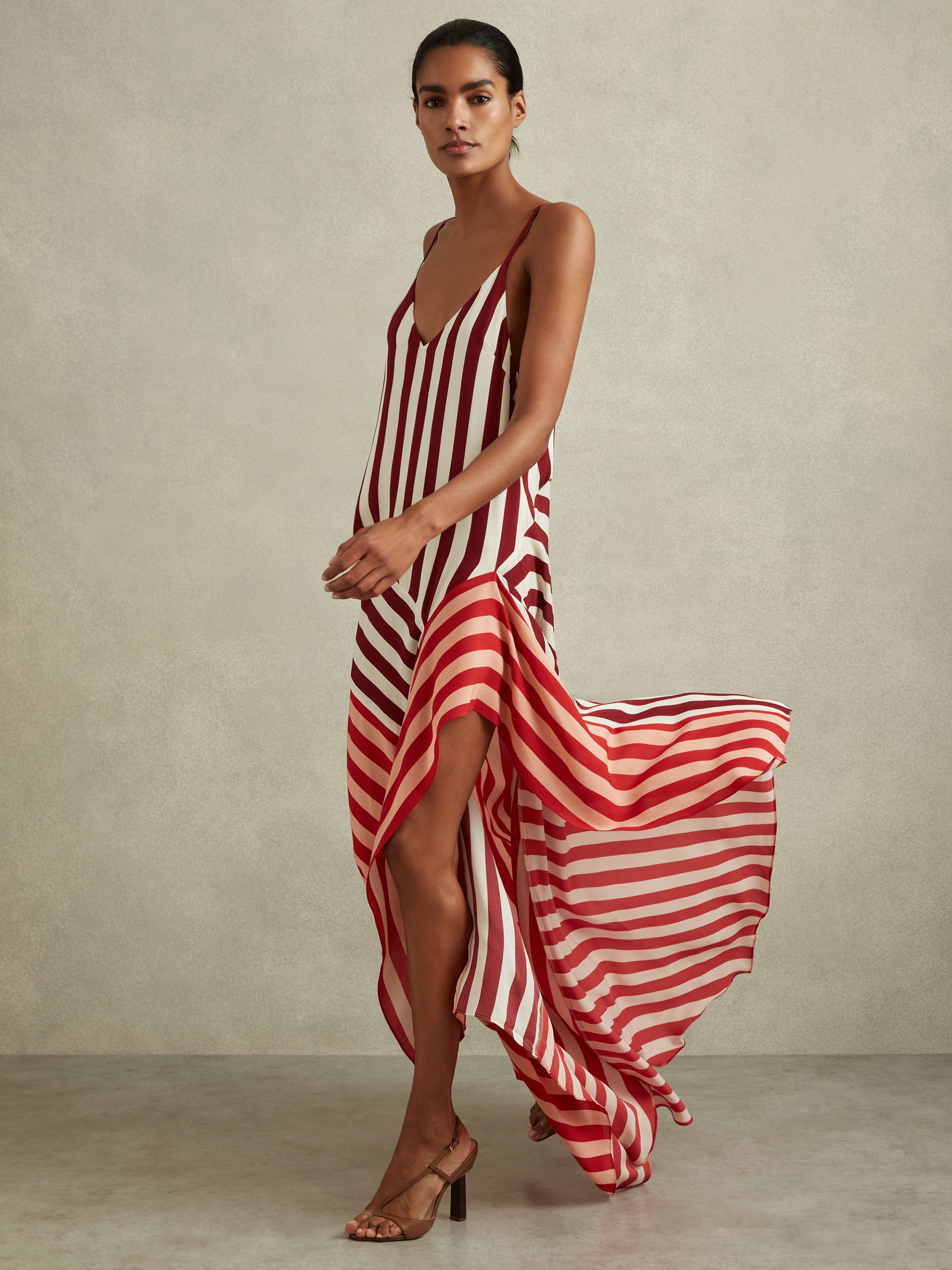 Reiss Colourblock Stripe Asymmetric Midi Dress in Burgundy/Off White ...