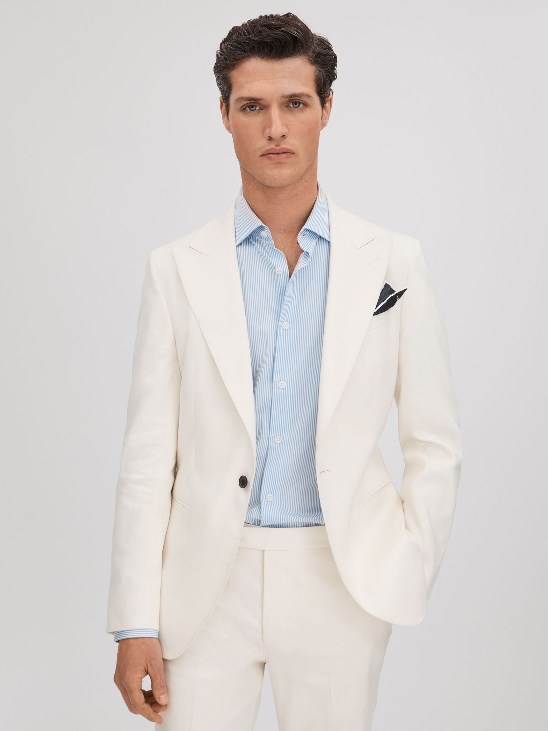 Linen Blend Single Breasted Blazer in Off White - REISS