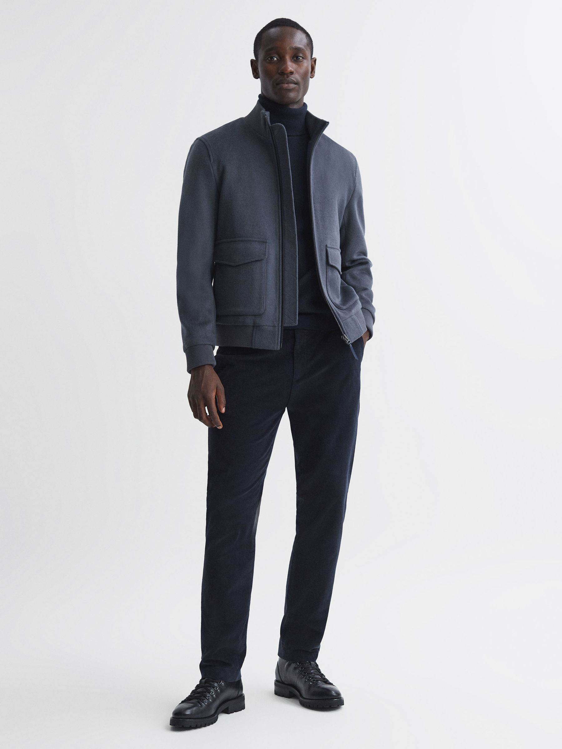 Wool Blend Zip-Through Jacket in Airforce Blue - REISS