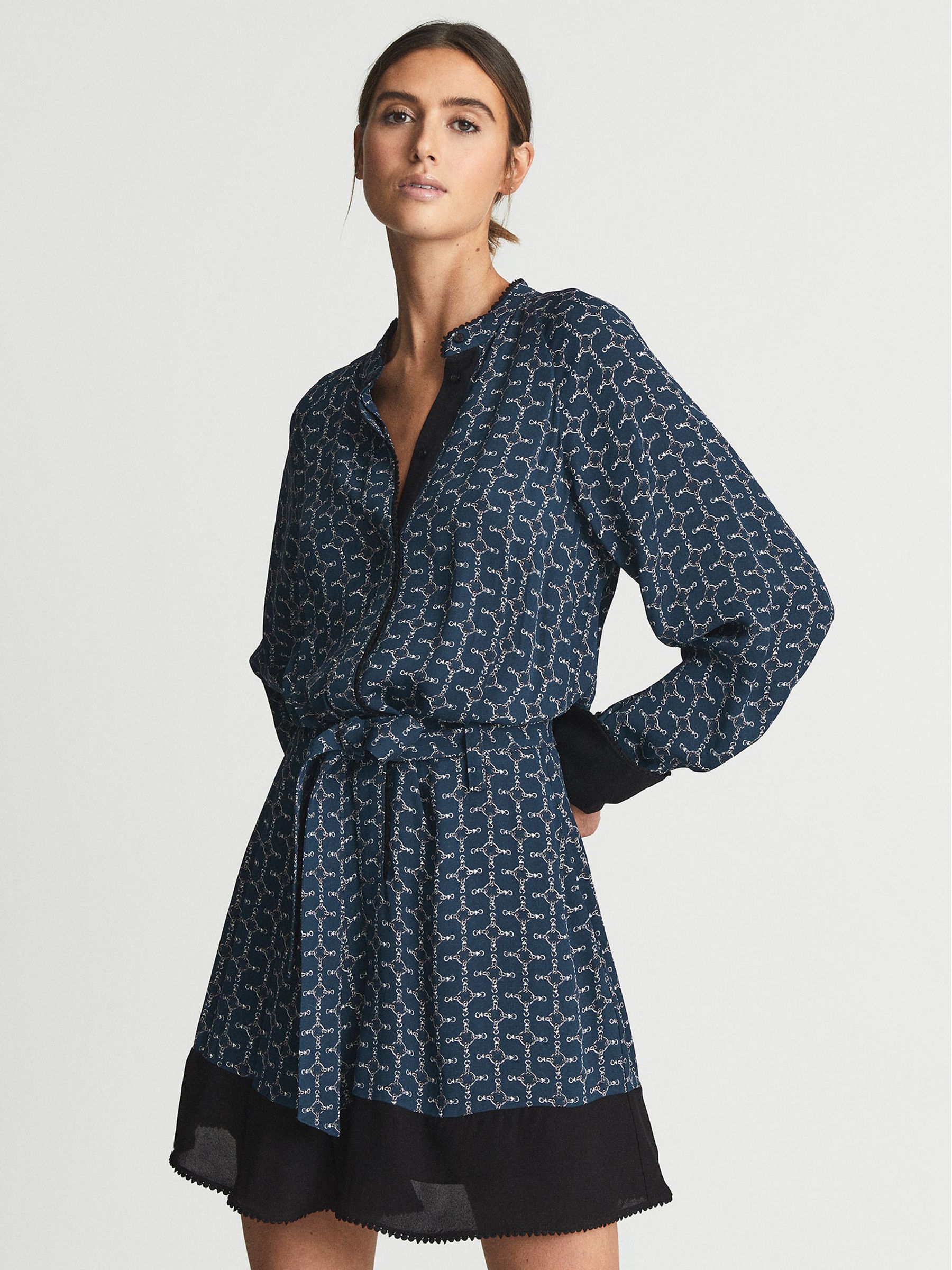 Printed Flippy Dress in Navy Blue - REISS