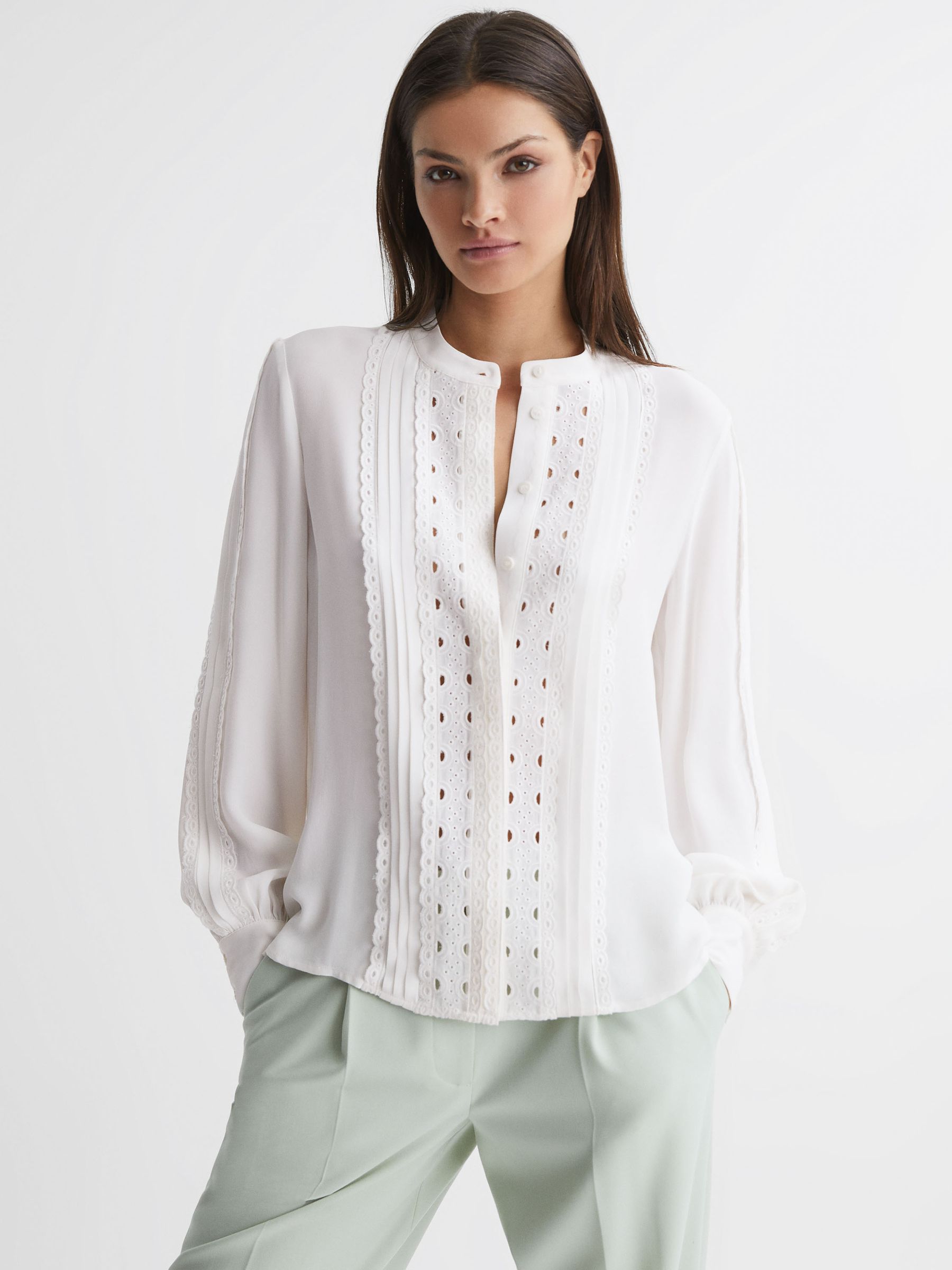 Collarless Long Sleeve Lace Blouse in Cream - REISS