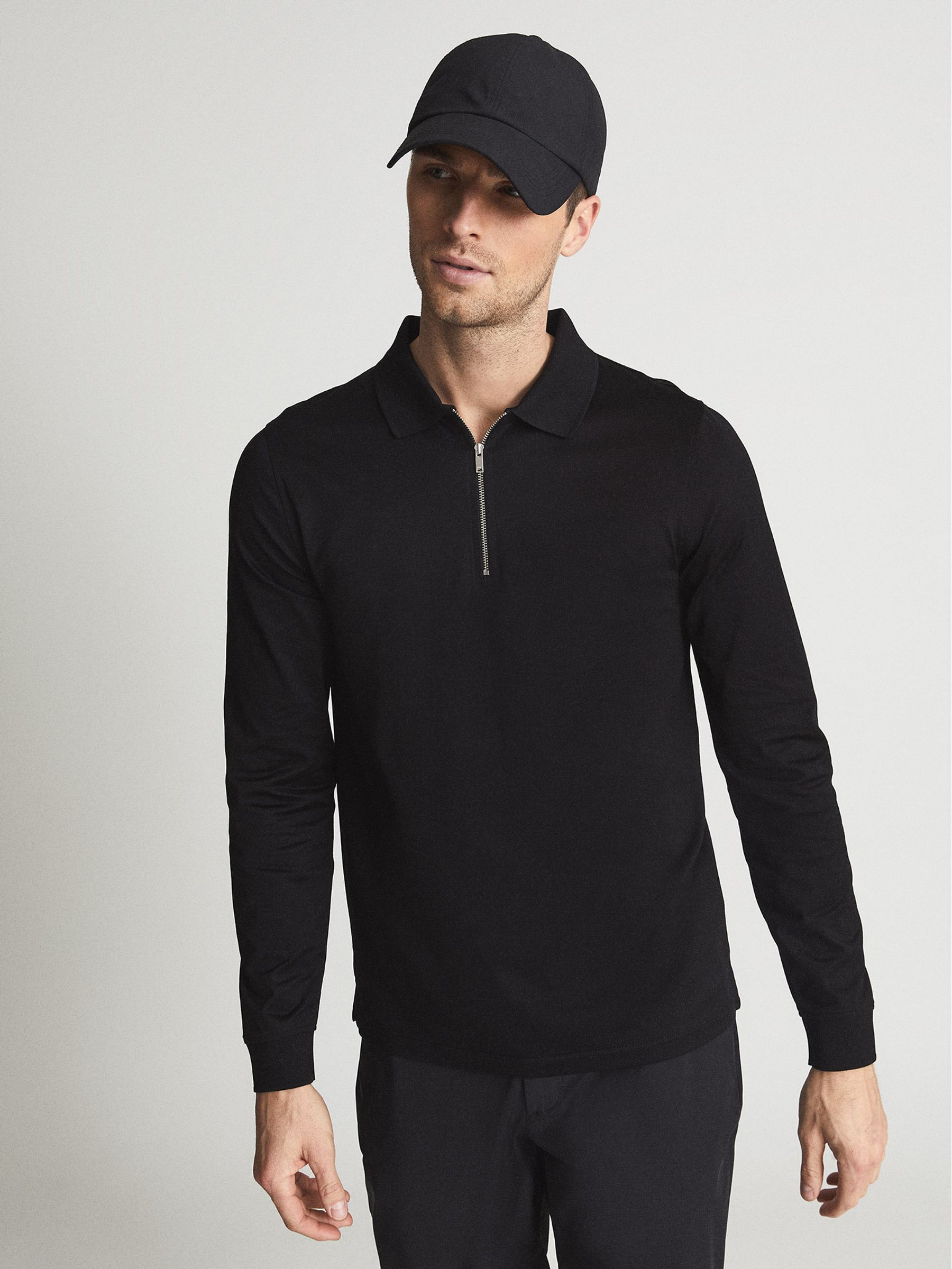 Golf Half Zip Polo Shirt in Black - REISS