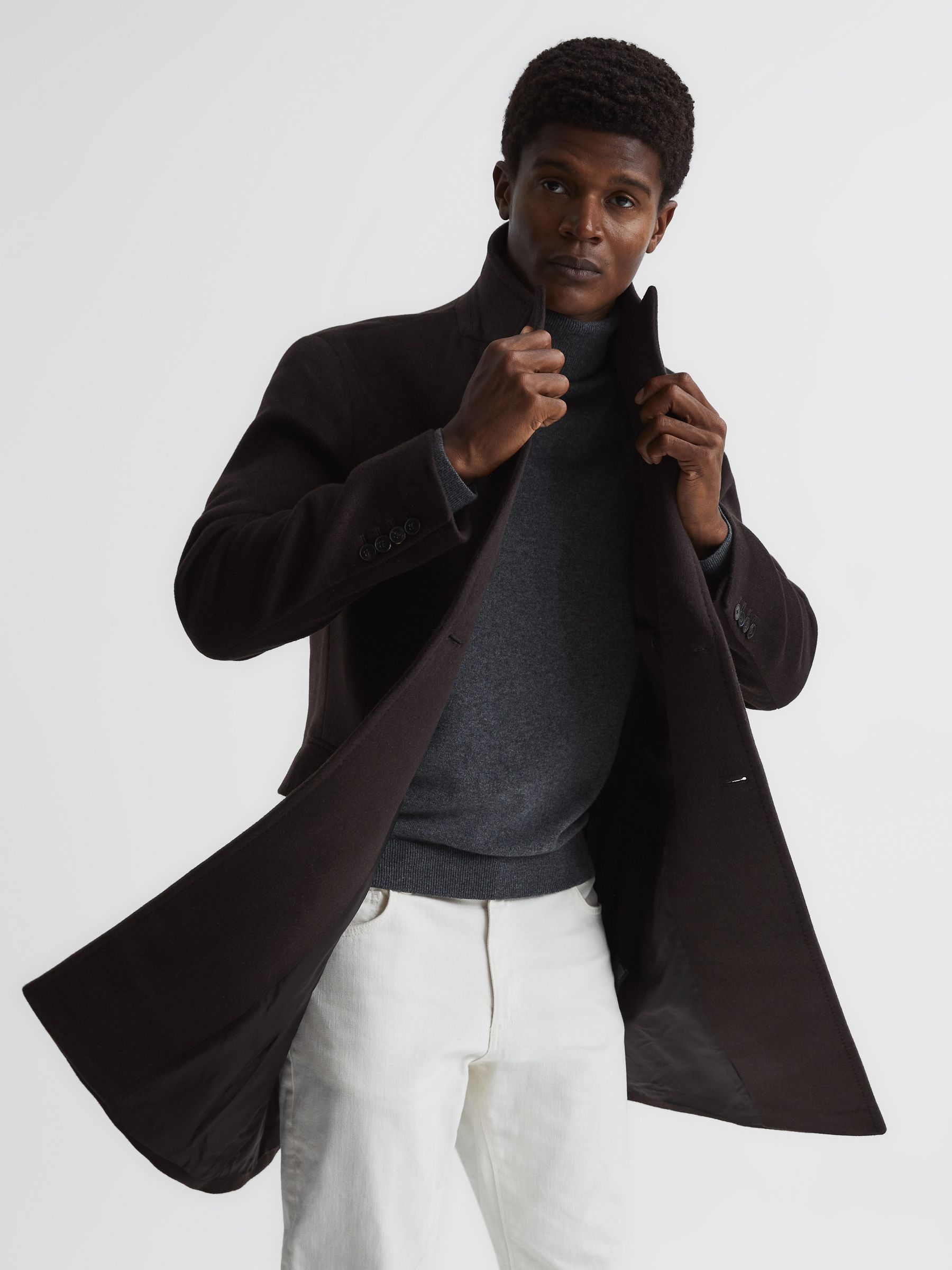 Double Breasted Wool Mid Length Overcoat in Chocolate - REISS
