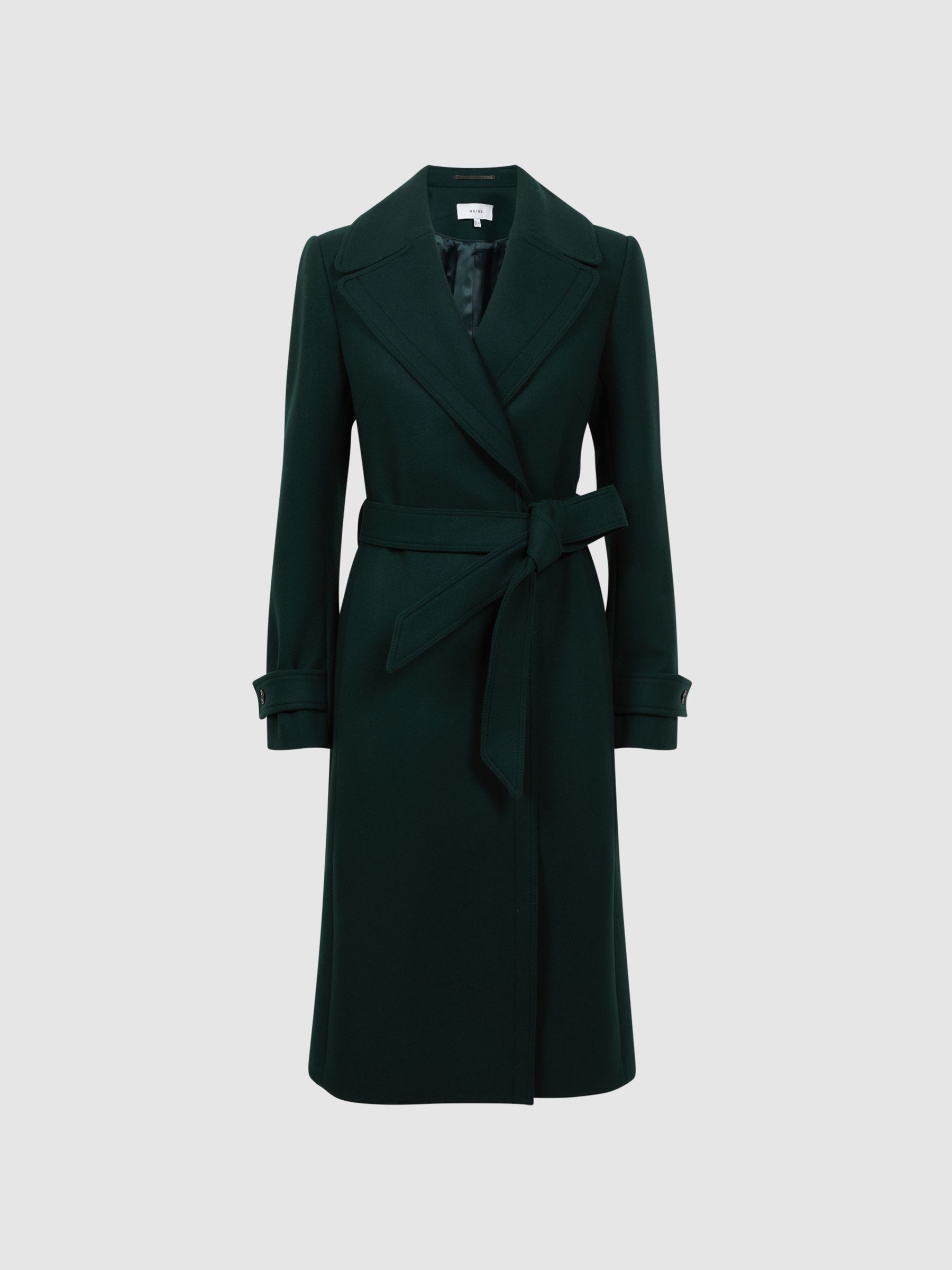 Relaxed Wool Blend Belted Coat in Green - REISS