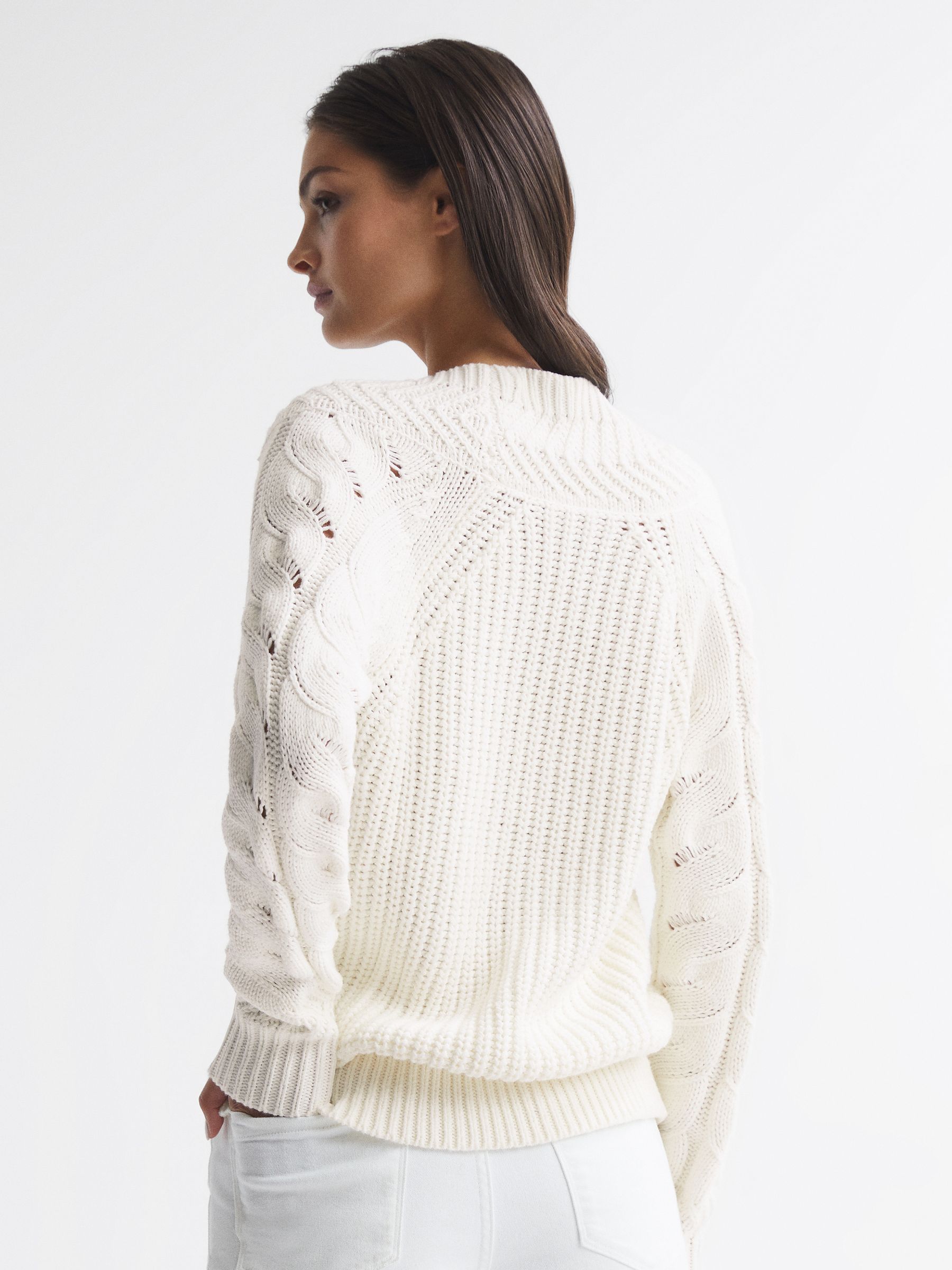 Cable Knit Shawl Neck Jumper in Ivory - REISS