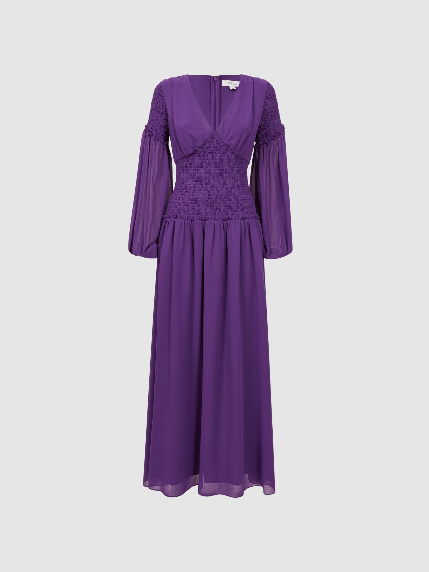 Florere Plunge Neck Shirred Maxi Dress in Dark Purple - REISS