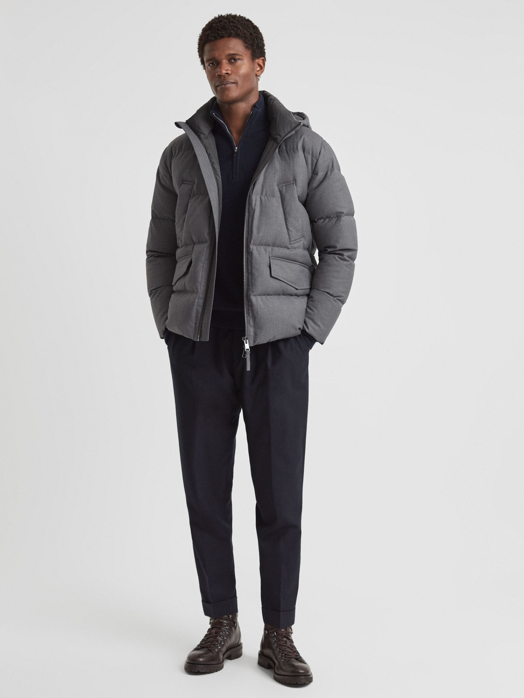 Quilted Short Hooded Coat in Grey - REISS