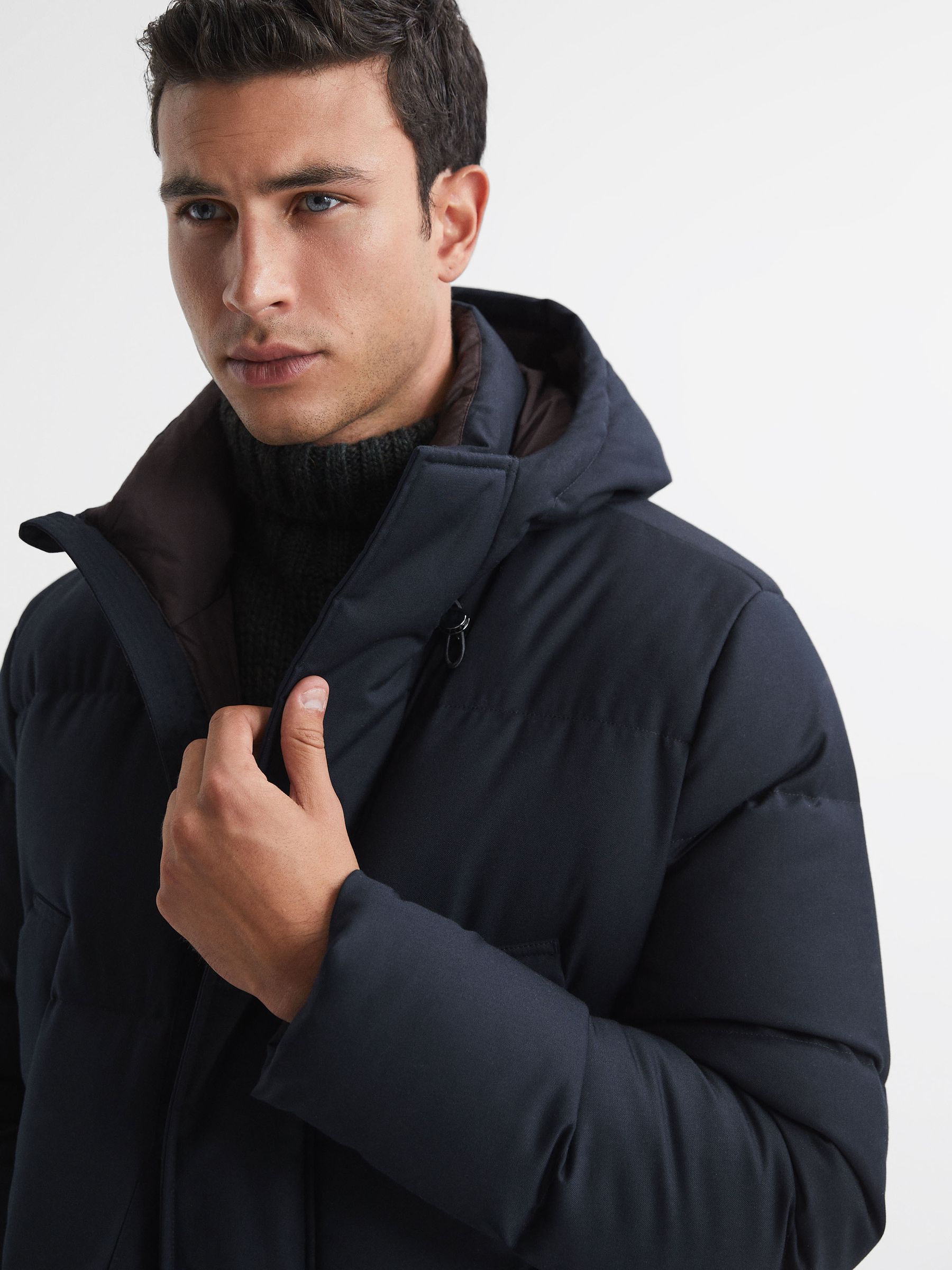 Quilted Hooded Coat in Navy - REISS