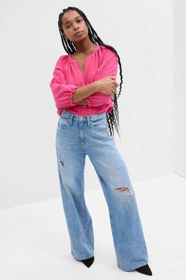 Buy Light Wash Blue Ripped Wide Leg Jeans from the Gap online shop
