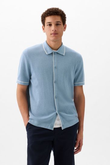 Buy Blue Ribbed Buttoned Short Sleeve Knit Shirt from the Gap online shop