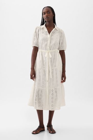 Buy White Eyelet Tie Waist Tiered Midi Dress from the Gap online shop