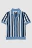 9-13 yrs Cotton Crochet Stripe Cuban Shirt in Airforce Blue - Image 1 of 1