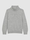 Slim Fit Merino Wool Zip Neck Jumper in Soft Grey Melange - Image 1 of 1