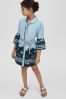 4-9 yrs Cotton-Linen Flared Sleeve Dress in Blue Print - Image 1 of 1
