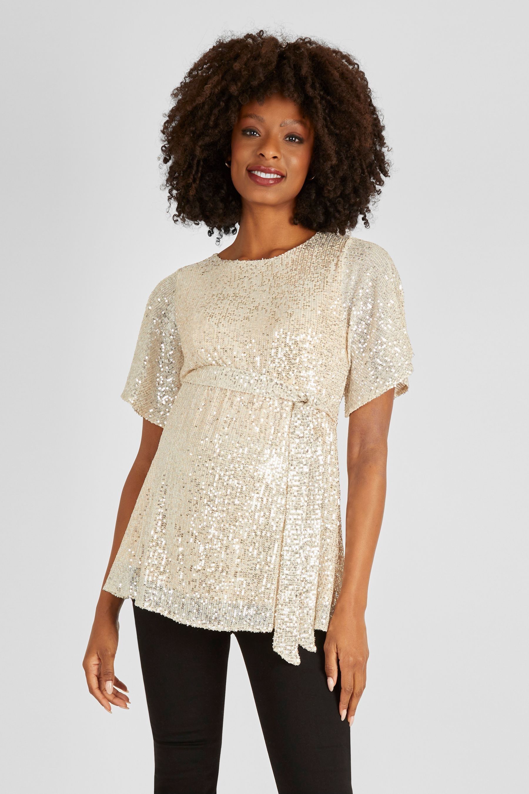 Sequin Flutter Sleeve Top in Gold - Image 1 of 1