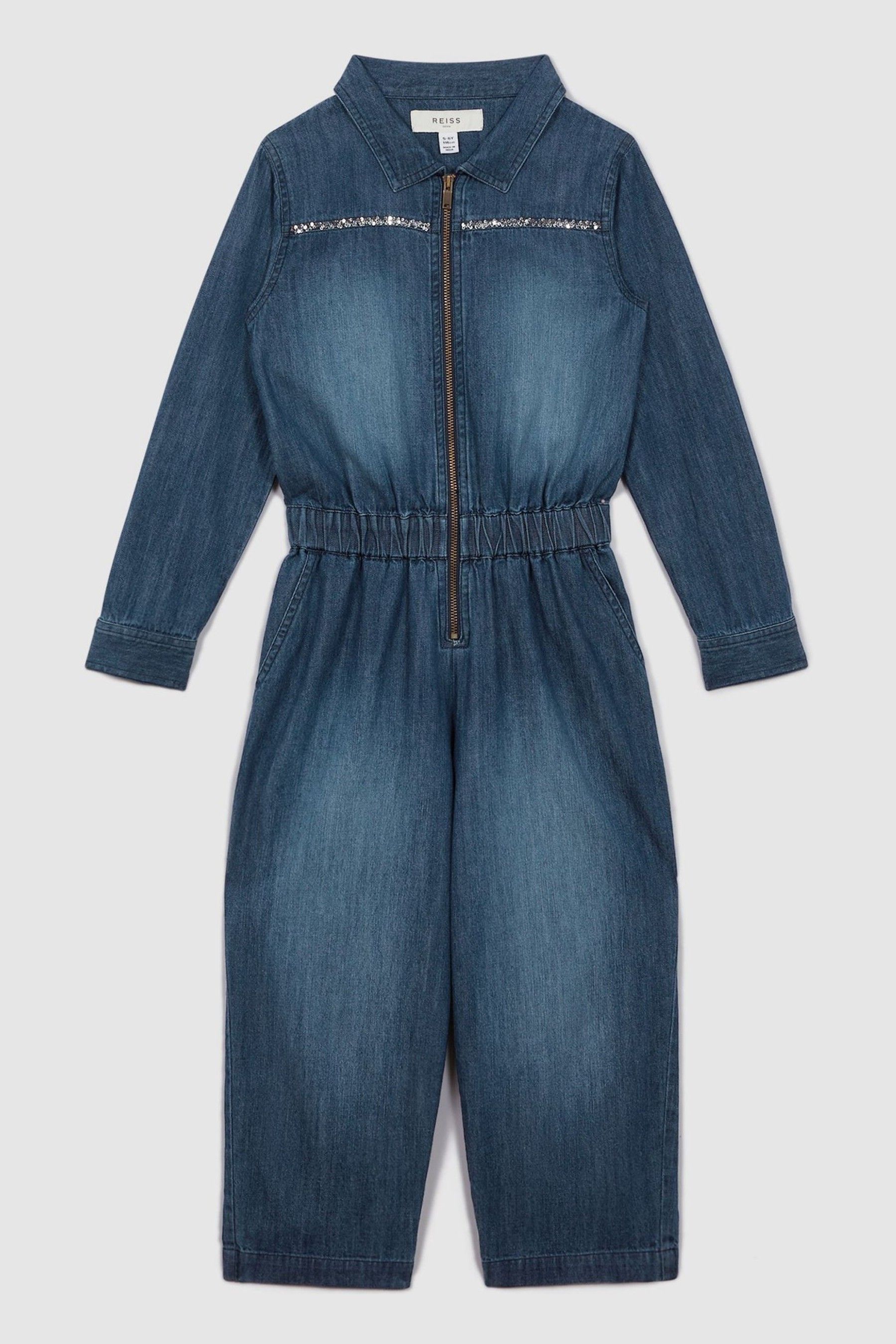9-13 yrs Elasticated Embellished Denim Jumpsuit in Blue - Image 1 of 1