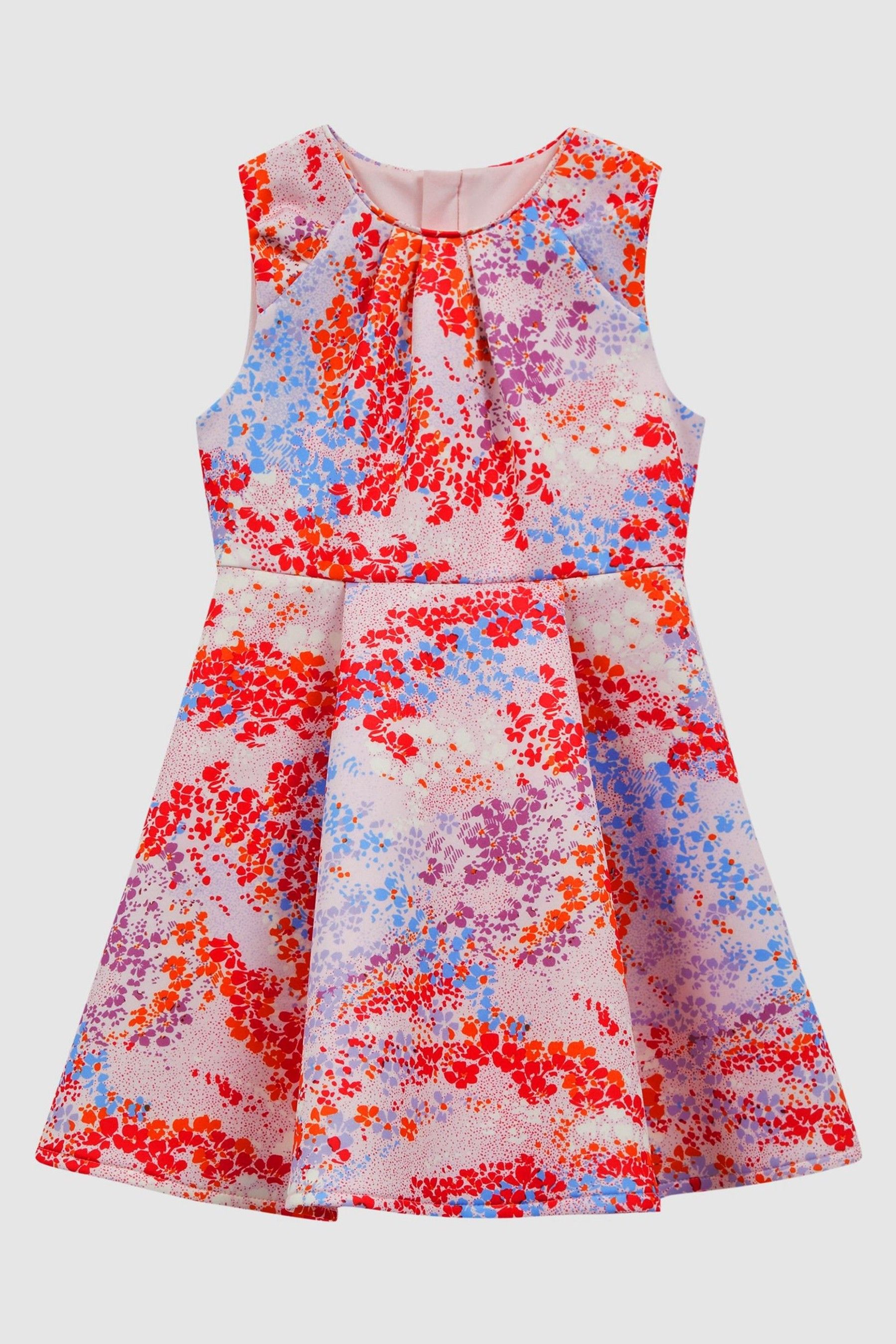 Junior Floral Print Pleated Scuba Dress in Pink Print - Image 1 of 1