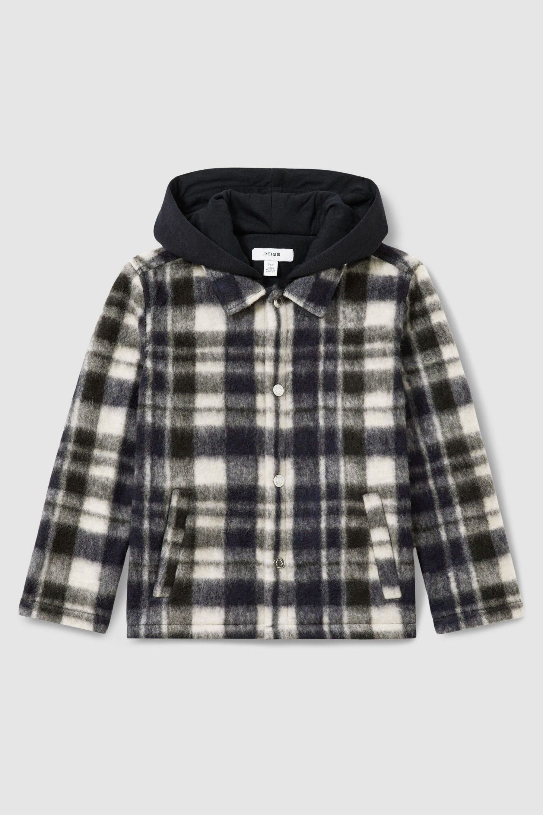 Removable-Hood Brushed Check Overshirt in Navy/White - Image 1 of 1