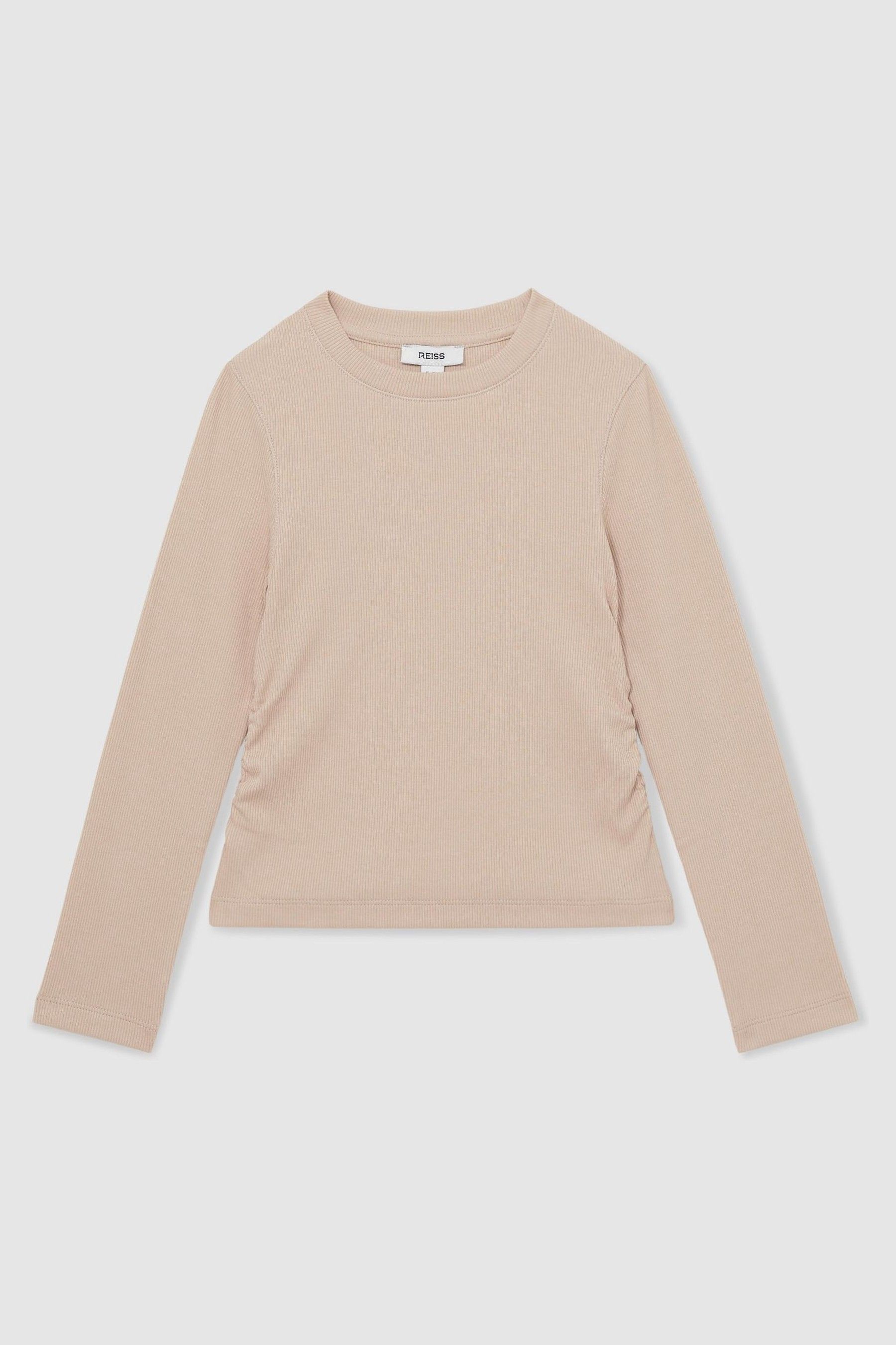 Cotton-Jersey Ruched Long-Sleeve T-Shirt in Tan - Image 1 of 1