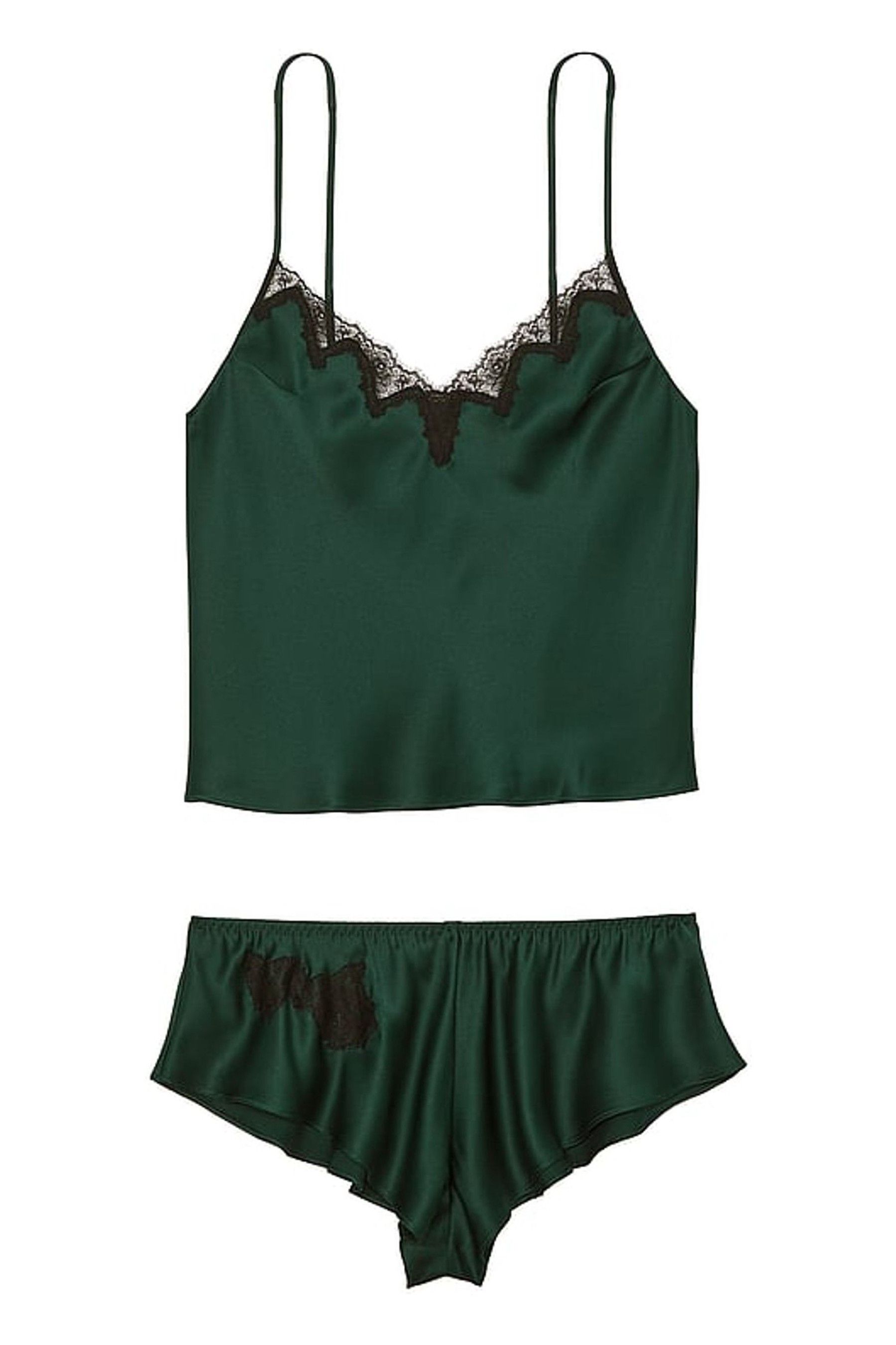 Botanical Green Satin Lace Trim Cami Set - Image 1 of 1
