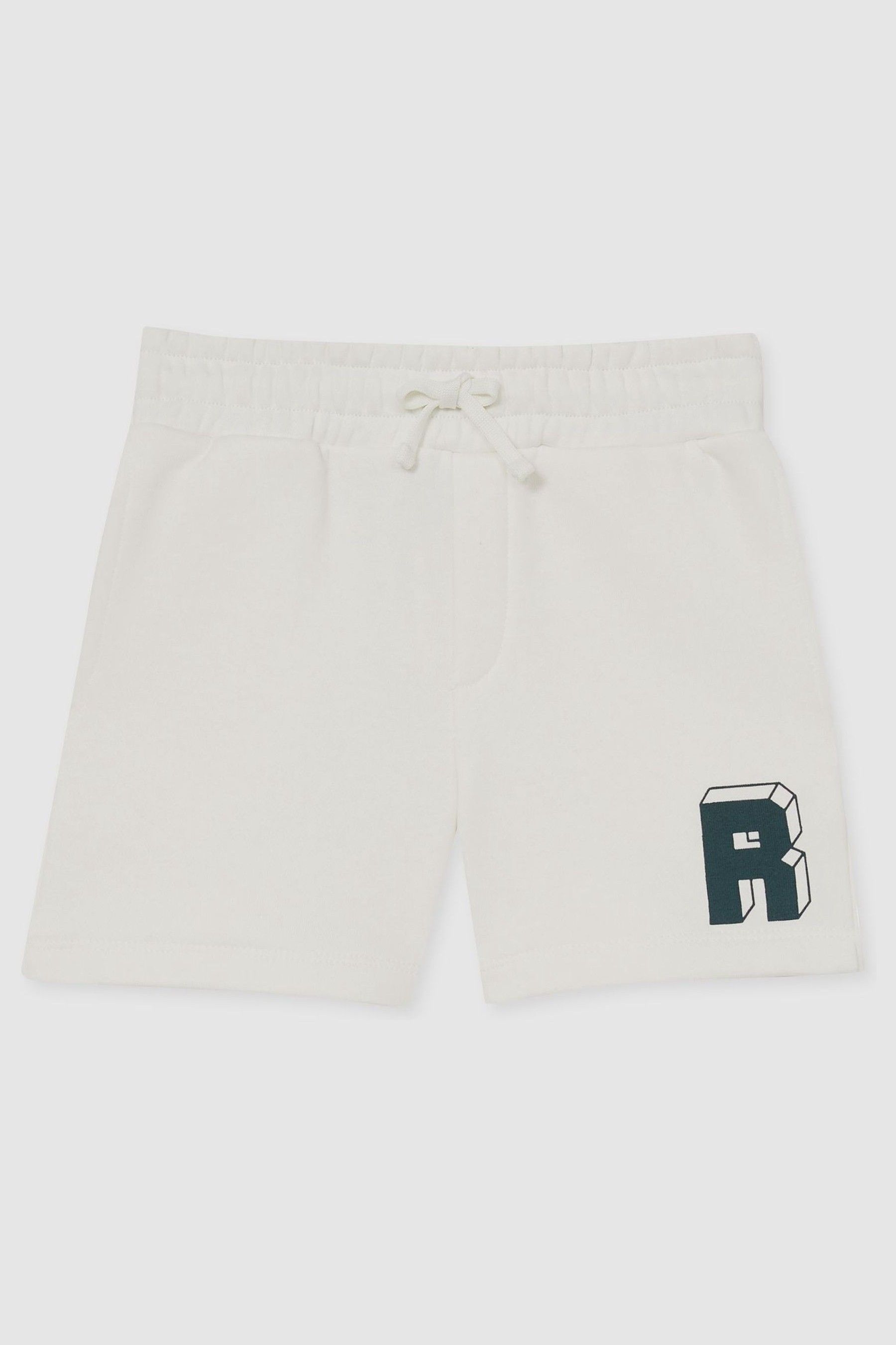 3-9 yrs Jersey Drawstring R Print Shorts in Off White/Forest Green - Image 1 of 1