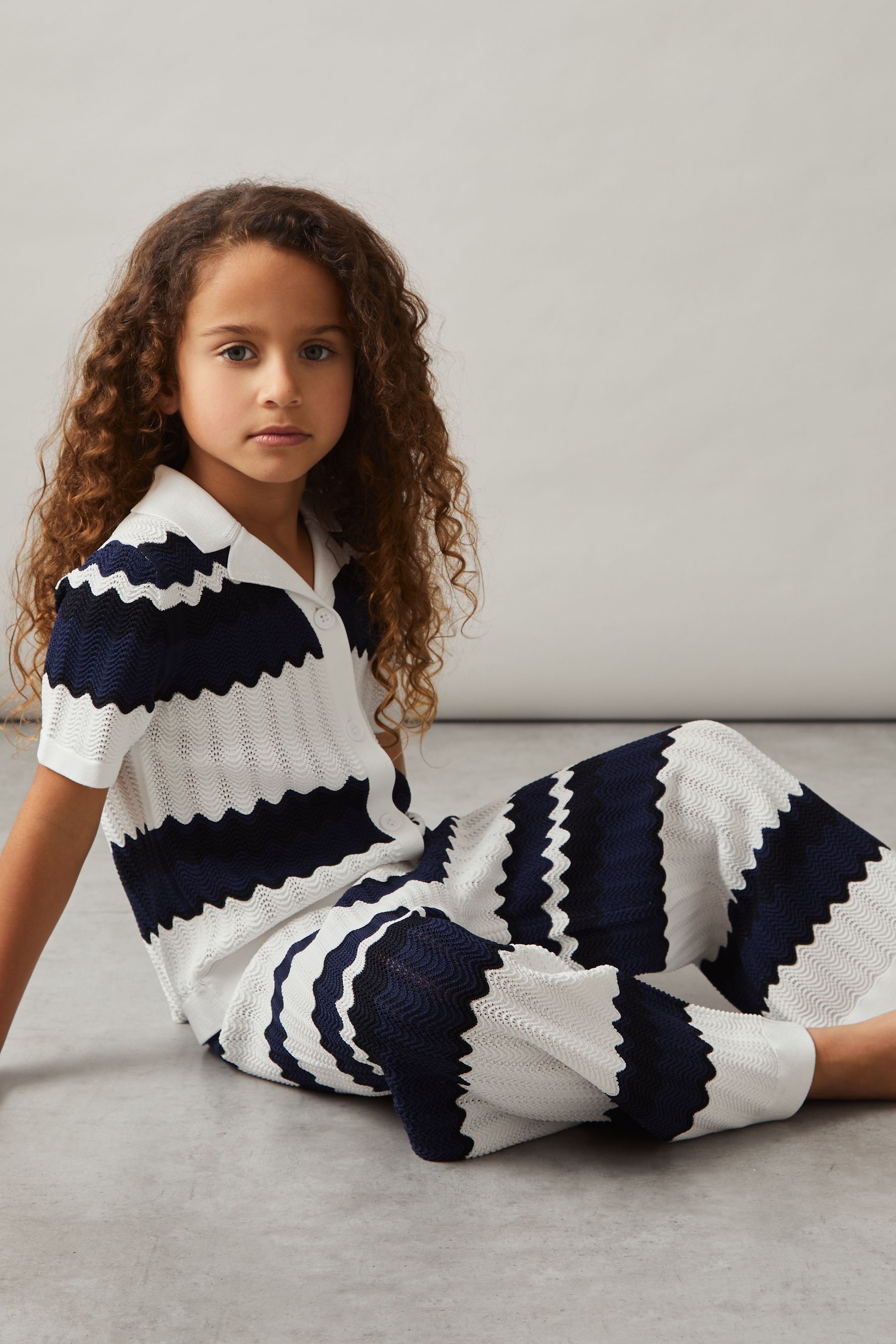 13-14 yrs Zig-Zag Pointelle-Knit Trousers in Navy - Image 1 of 1