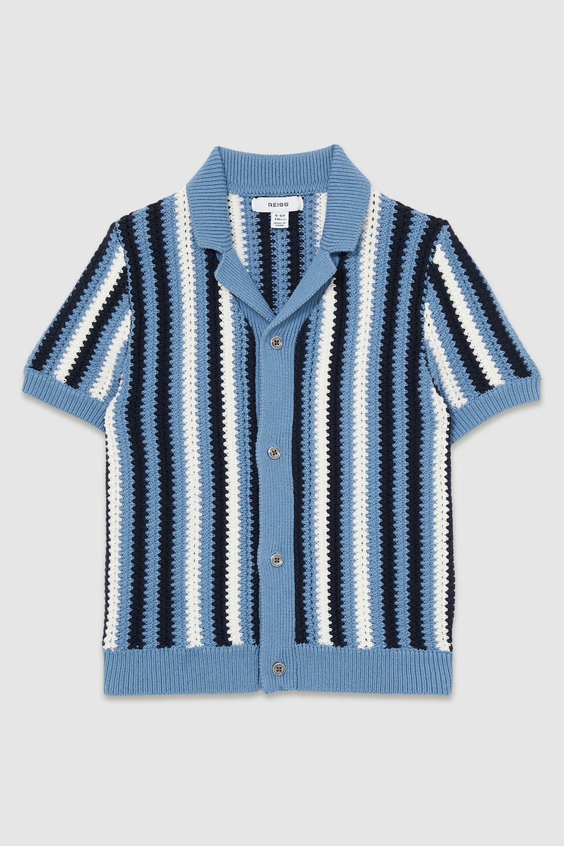 9-13 yrs Cotton Crochet Stripe Cuban Shirt in Airforce Blue - Image 1 of 1