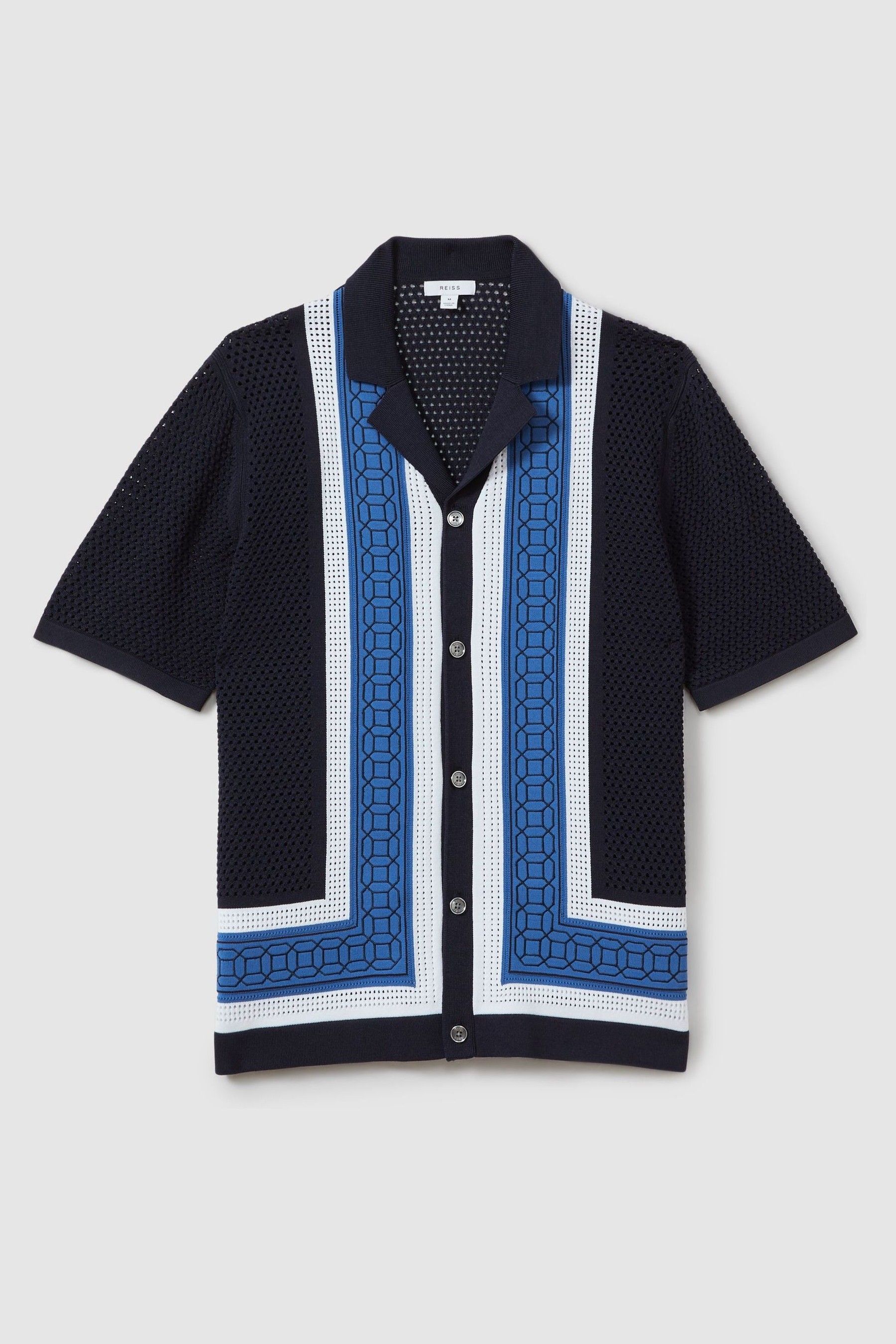 Embroidered Cuban Collar Shirt in Navy - Image 1 of 1