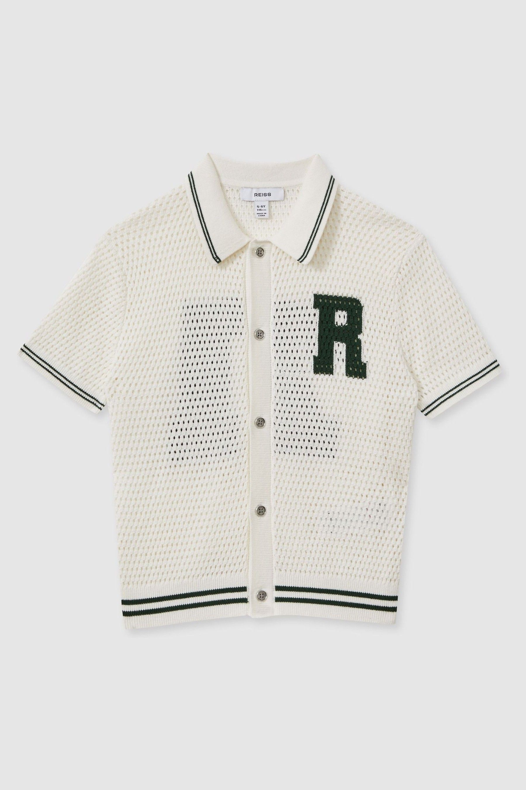 9-13 yrs Cotton Open-Stitch Motif Shirt in White/Dark Green - Image 1 of 1