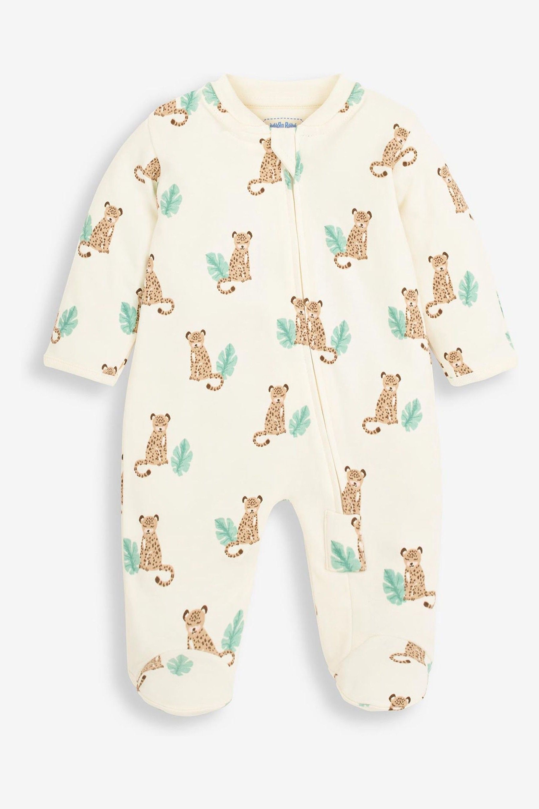 Ecru Leopard Print Zip Cotton Baby Sleepsuit - Image 1 of 1