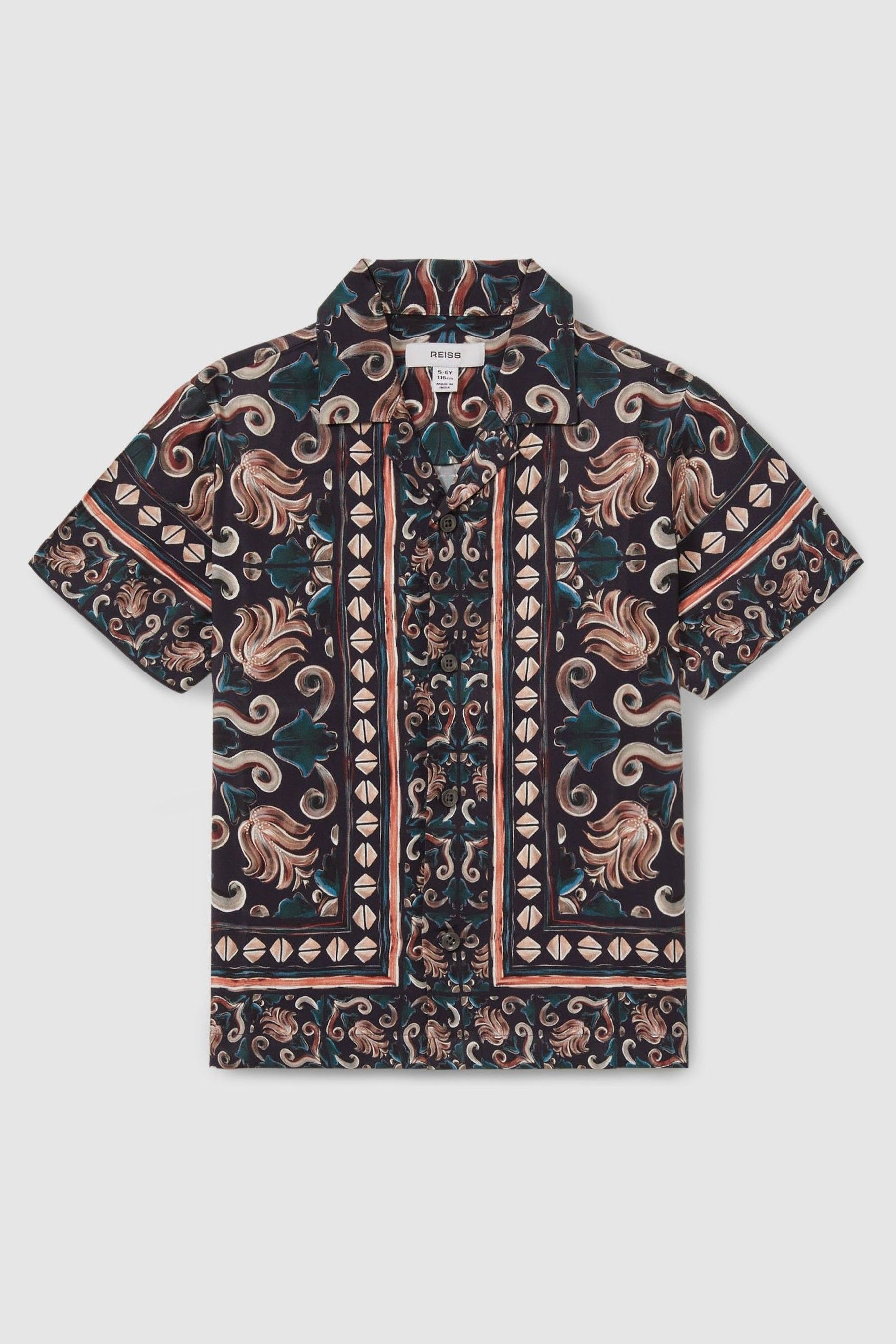 3-9 yrs Ornamental Print Cuban Collar Shirt in Dark Teal - Image 1 of 1