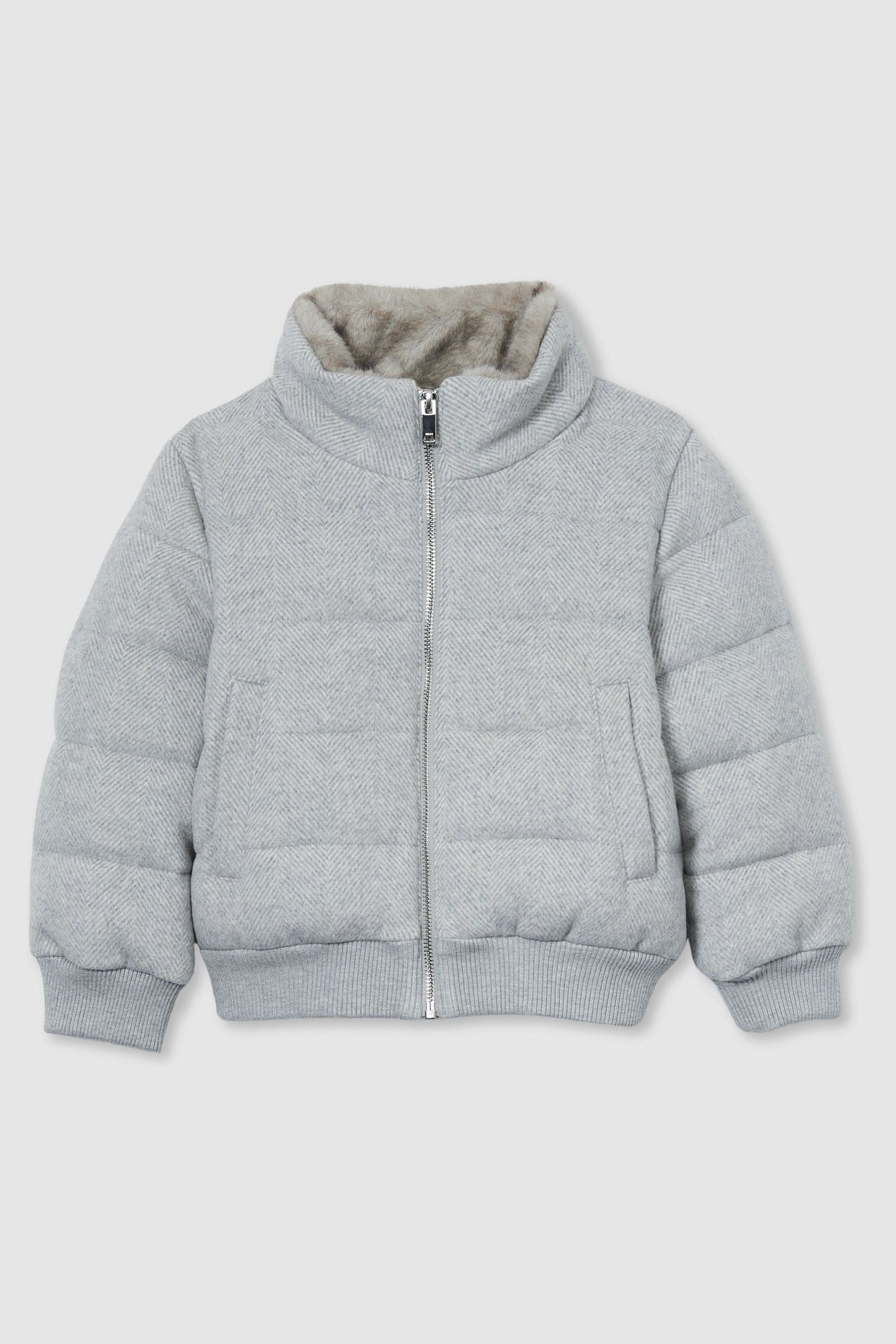 Herringbone Faux-Fur Collar Puffer Jacket in Soft Grey Melange - Image 1 of 1