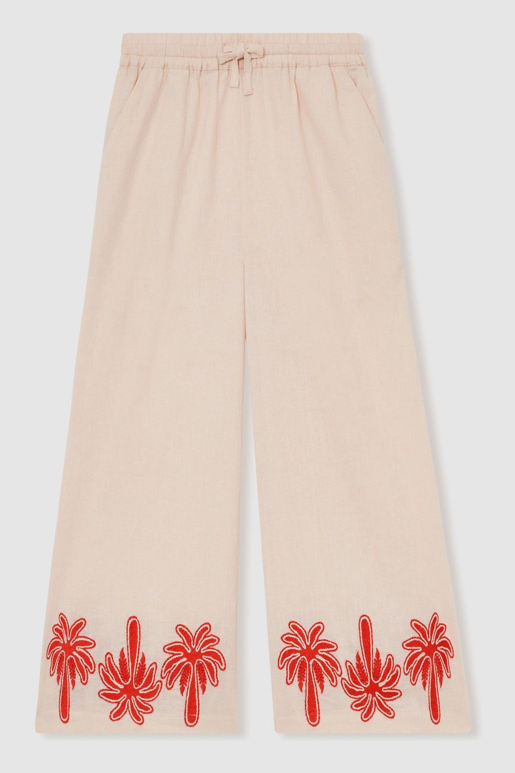 Cotton-Linen Palm Embroidery Trousers in Stone - Image 1 of 1