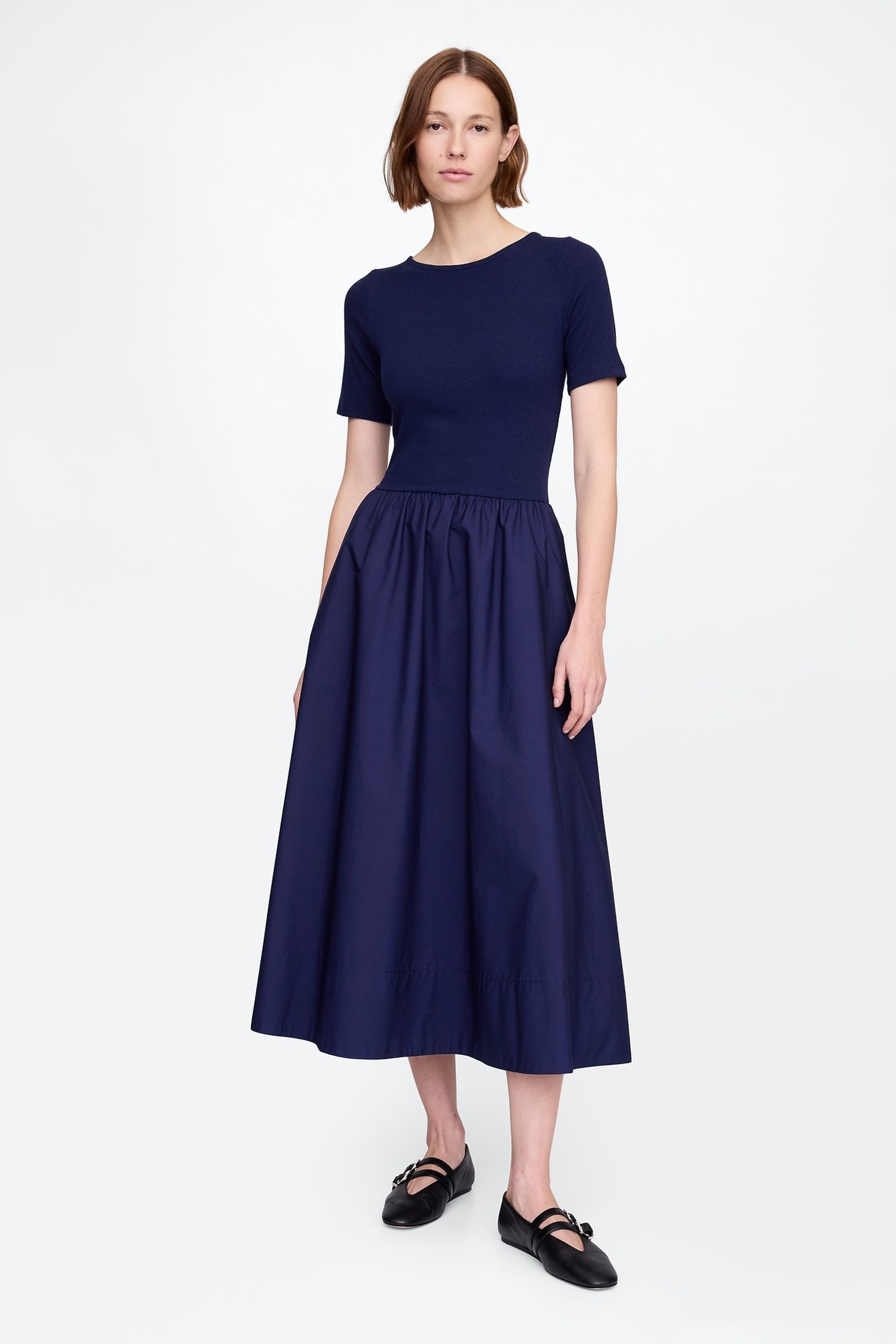 Navy Blue Modern Cotton-Modal Ribbed Midi Dress - Image 1 of 1