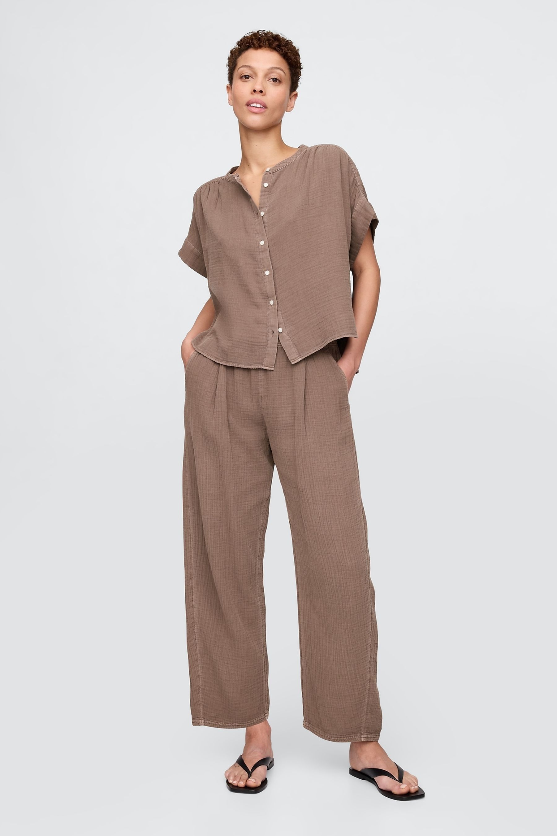 Brown 100% Cotton Crinkle Gauze Easy Barrel Trousers - Image 1 of 1