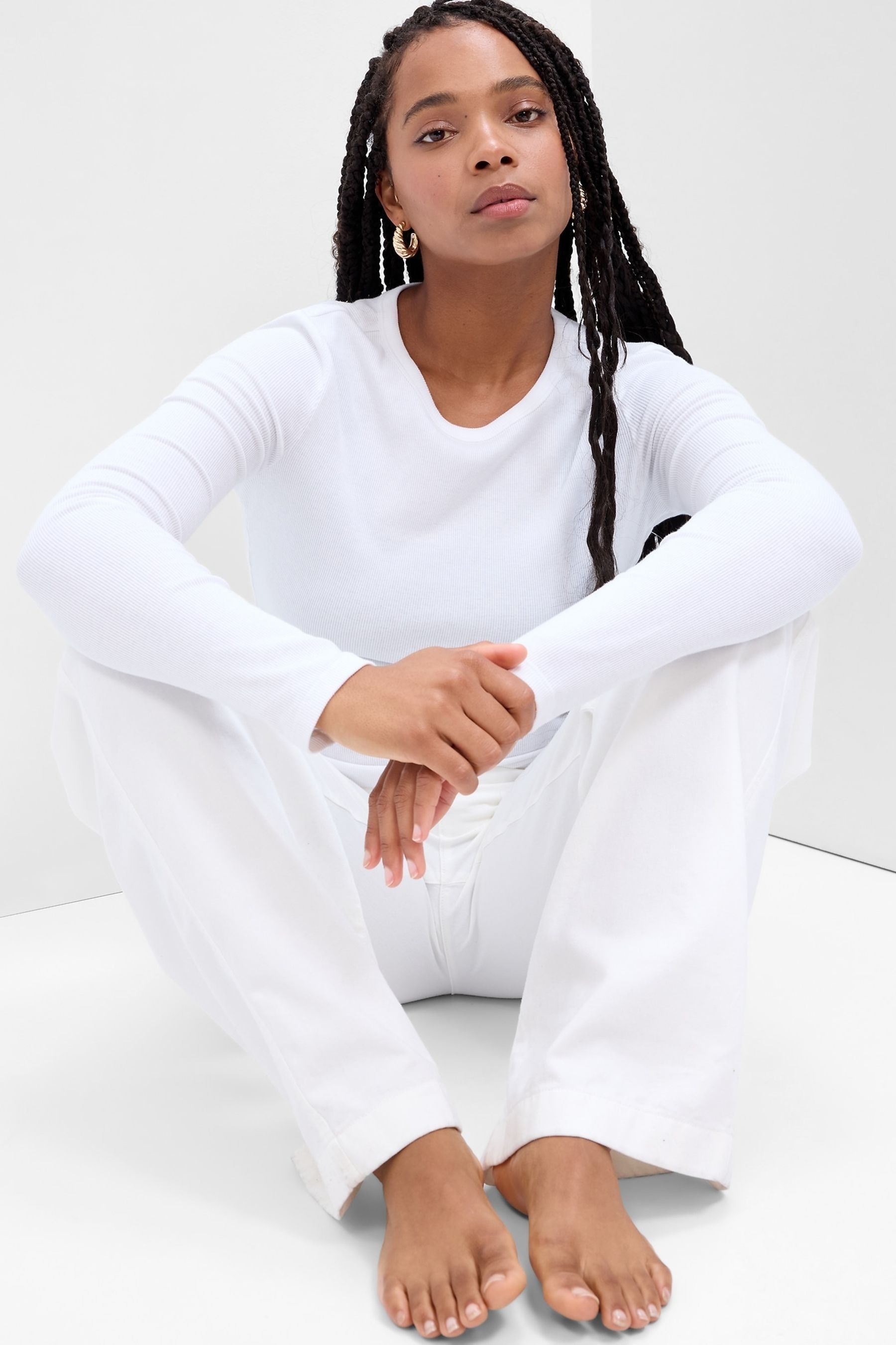 Pure White Ribbed Crew Neck Long Sleeve T-Shirt - Image 1 of 1