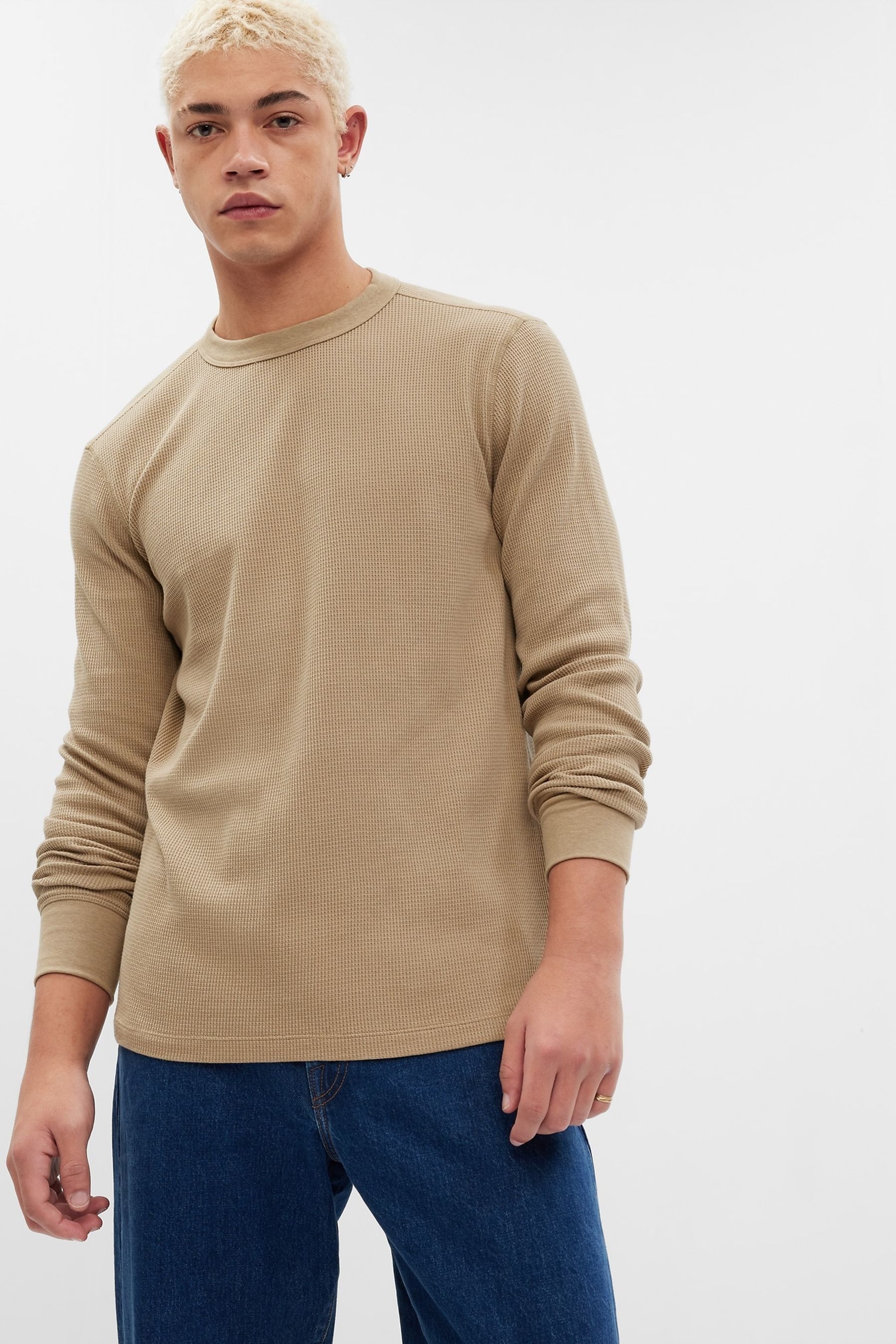 Buy Brown Waffle-Knit Crew Neck Long Sleeve T-Shirt from the Gap online ...