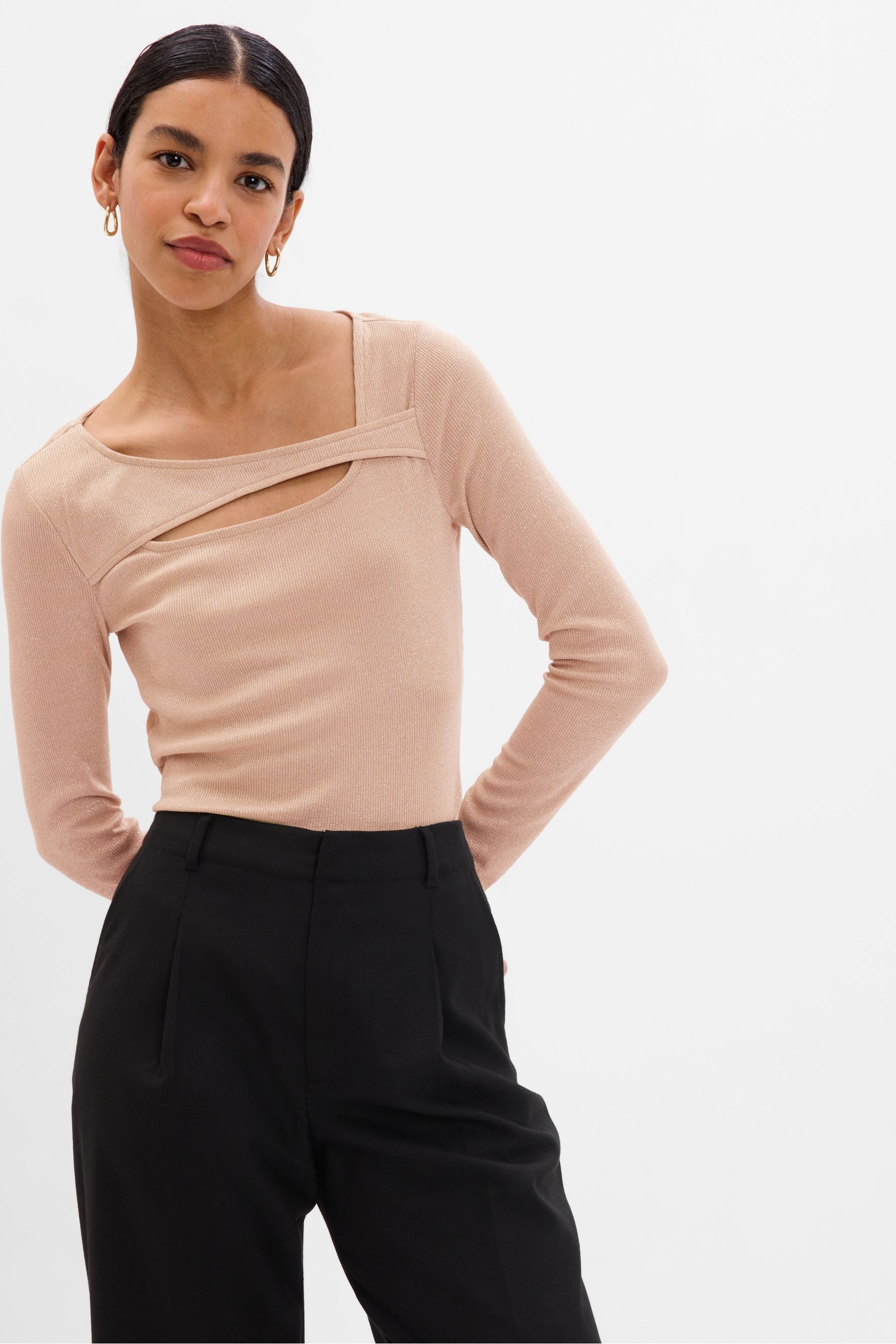 Beige Cut-Out Neckline Long Sleeve T-Shirt - Image 1 of 1