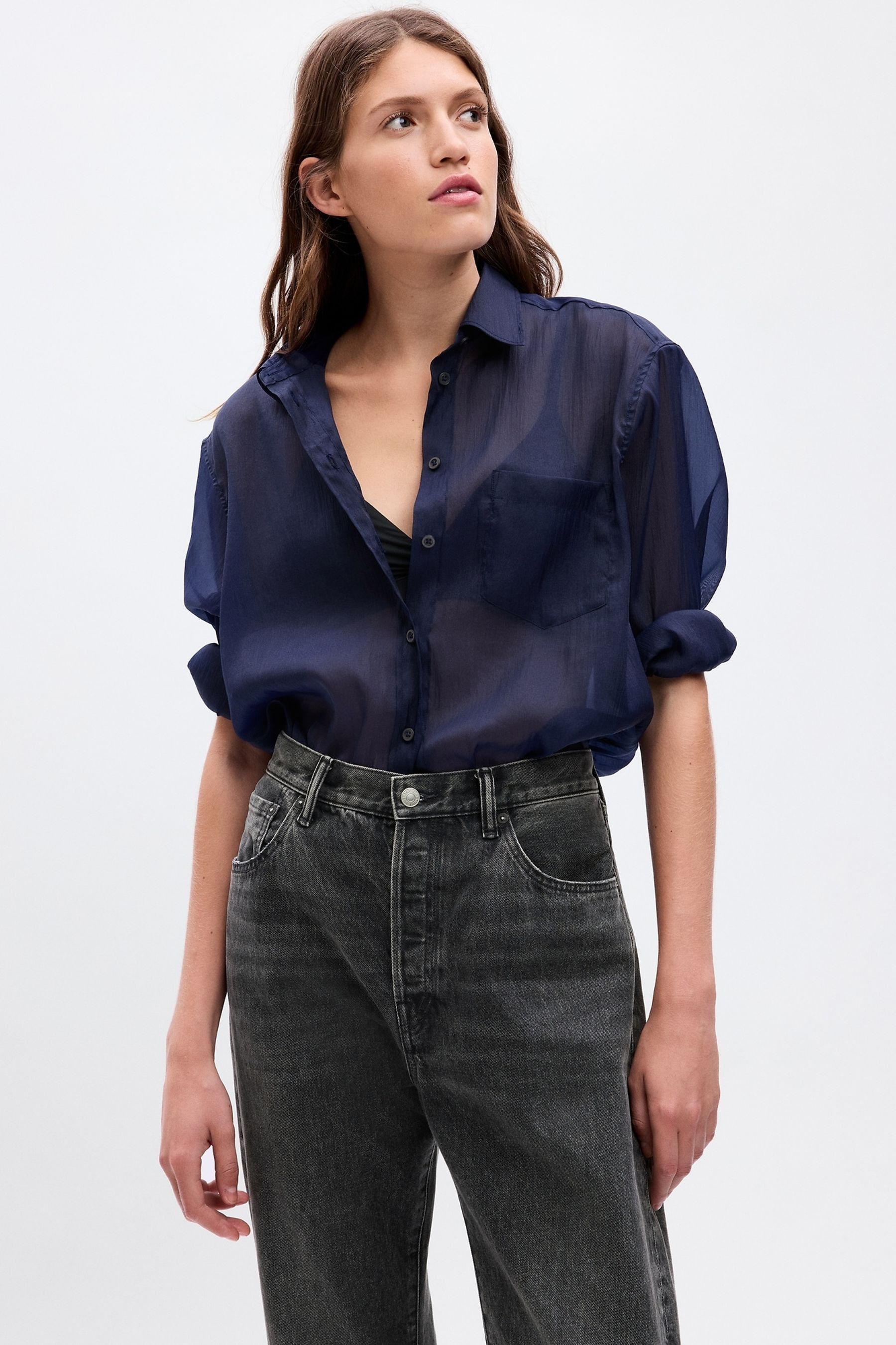 blue sheer long sleeve top