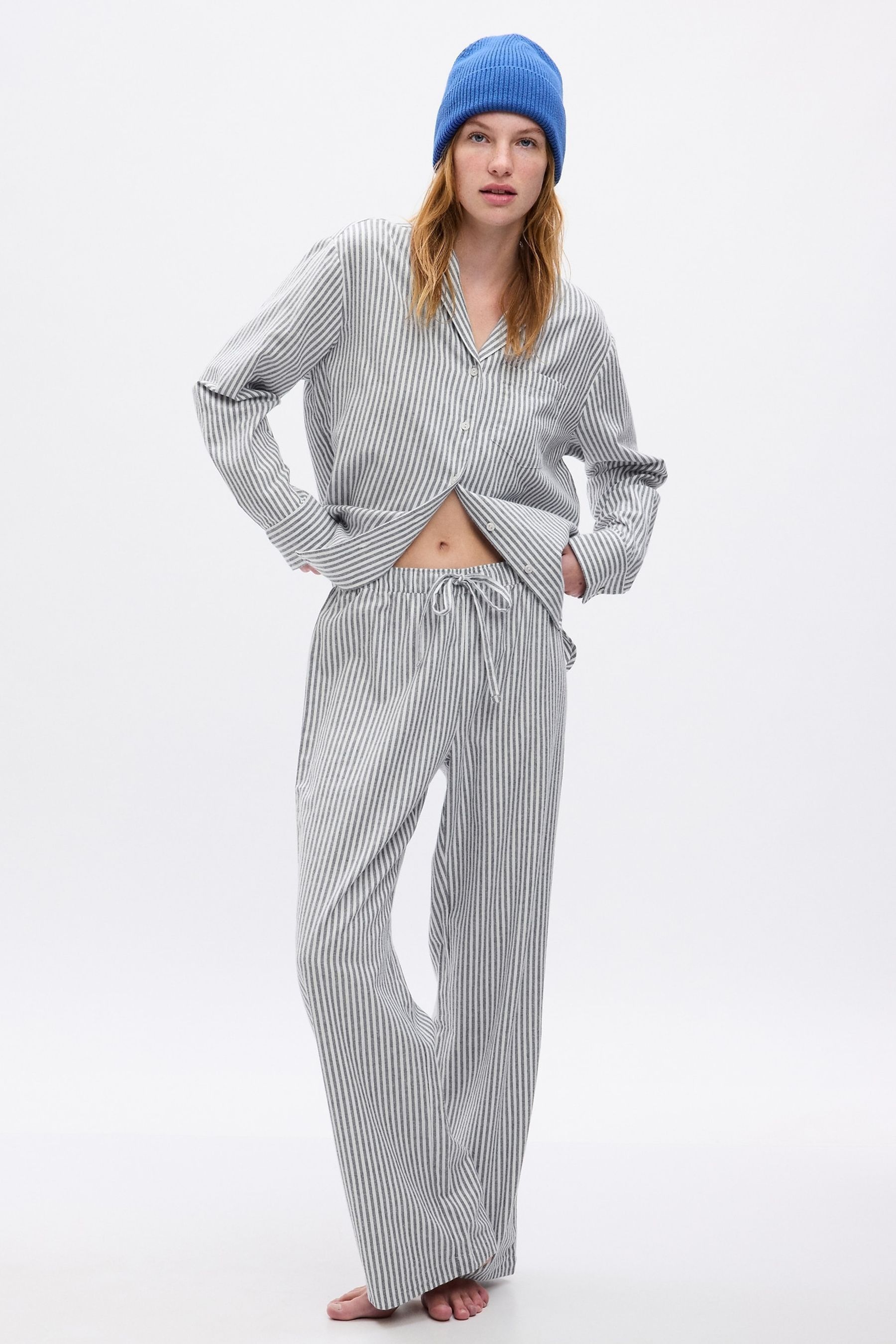Grey Stripe Cotton Print Flannel Pyjama Set - Image 1 of 1