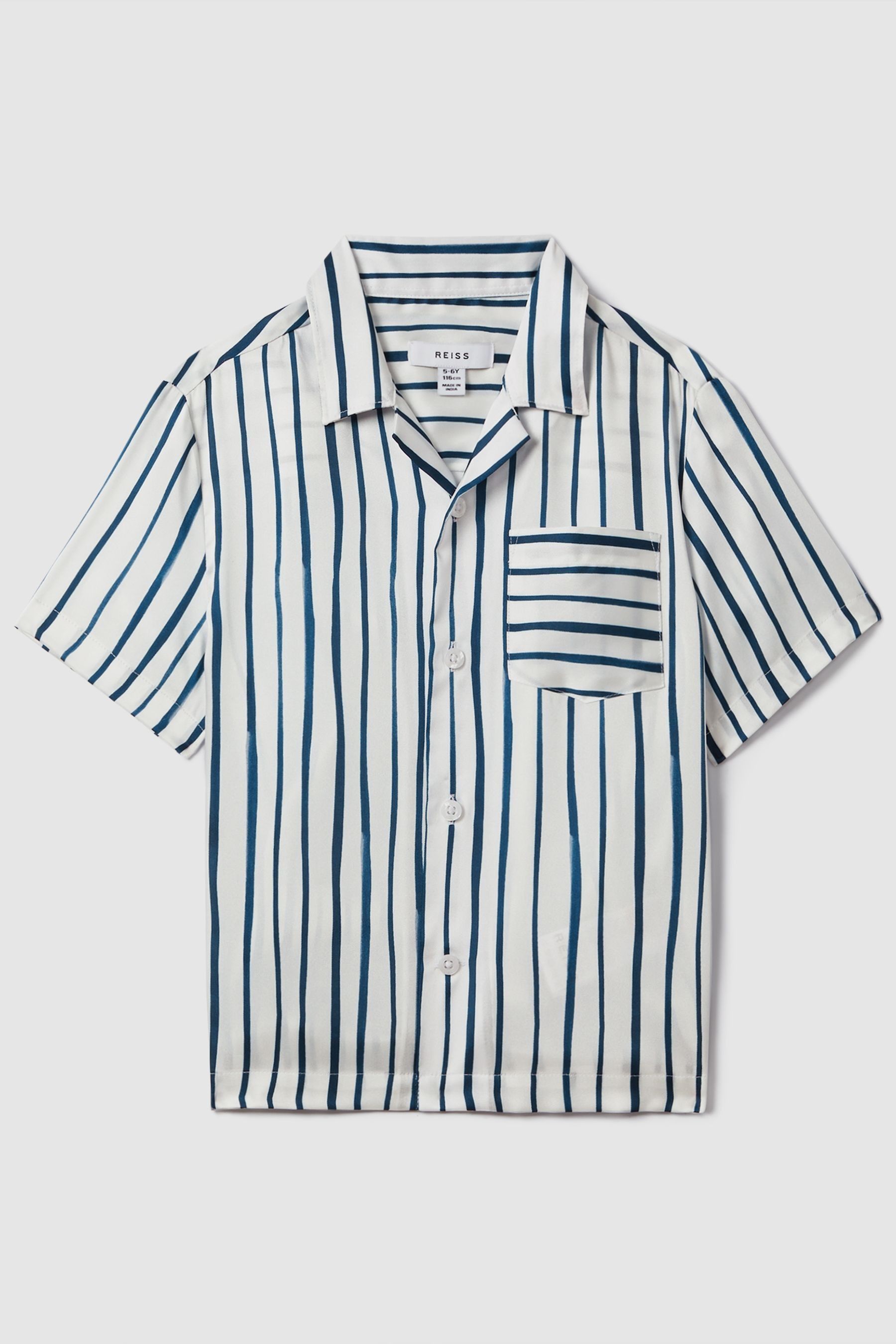 9-13 yrs Striped Cuban Collar Shirt in White/Blue - Image 1 of 1