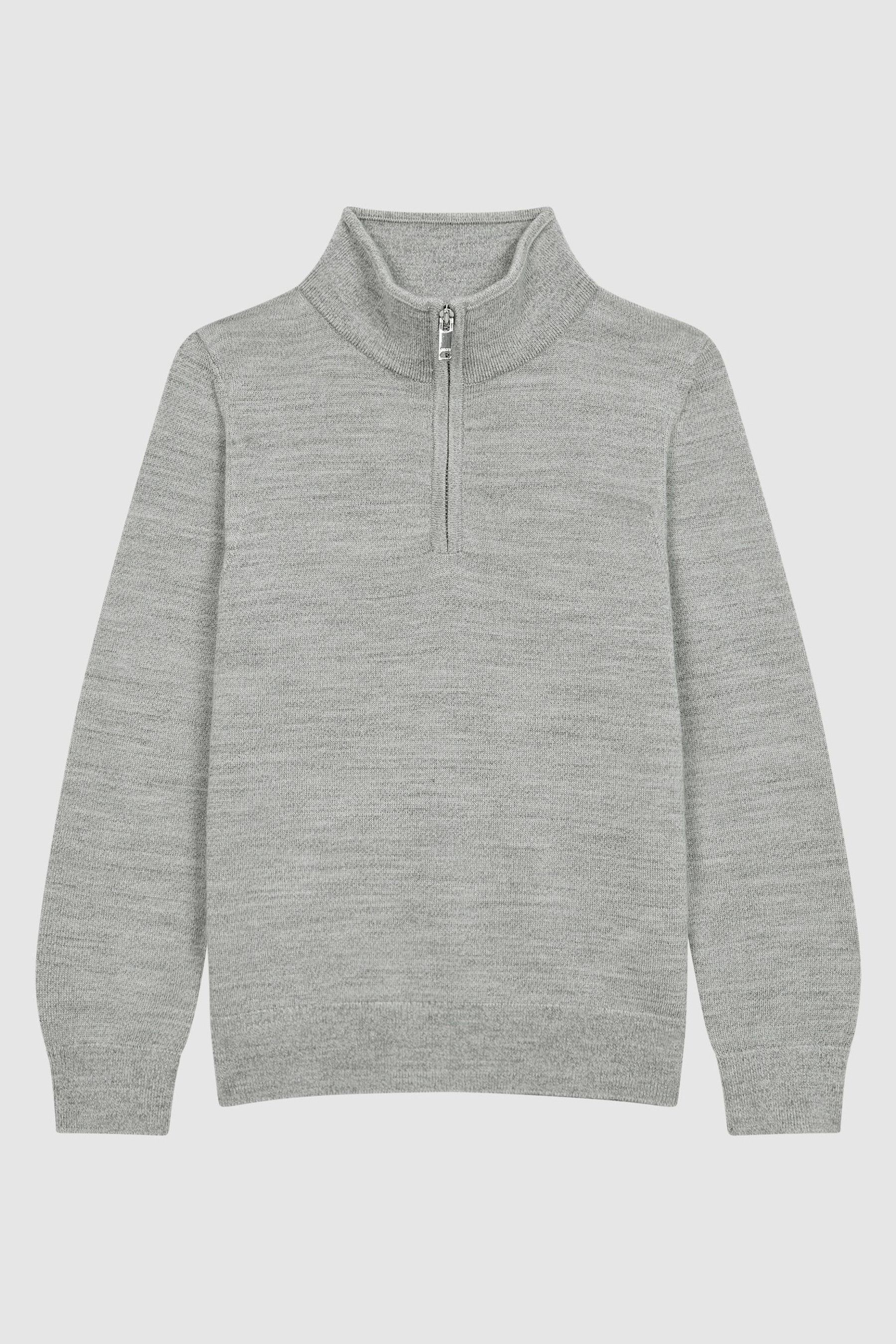 Slim Fit Merino Wool Zip Neck Jumper in Soft Grey Melange - Image 1 of 1