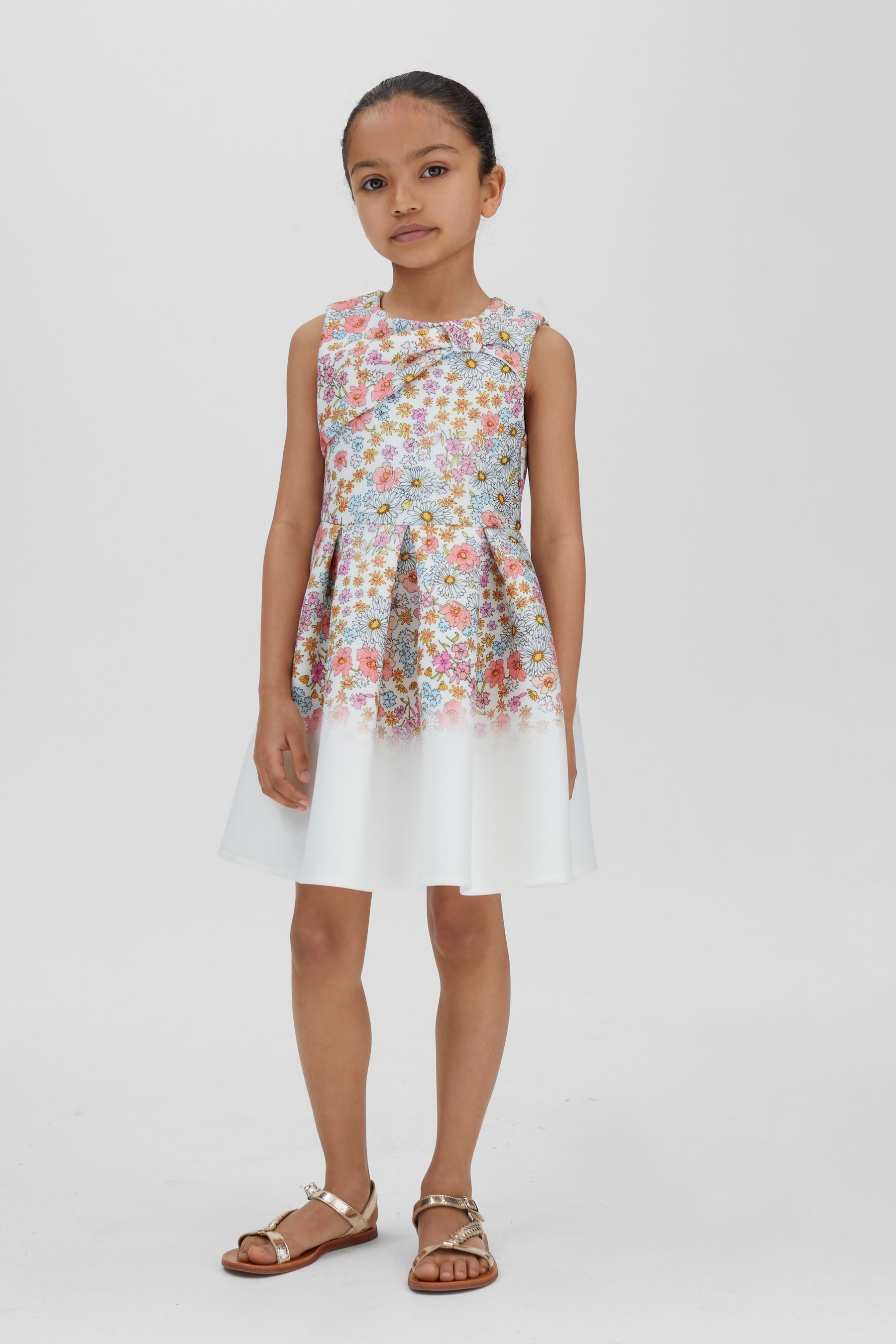 13-14 yrs Floral Scuba Bow Fit-and-Flare Dress in Pink Print - Image 1 of 1