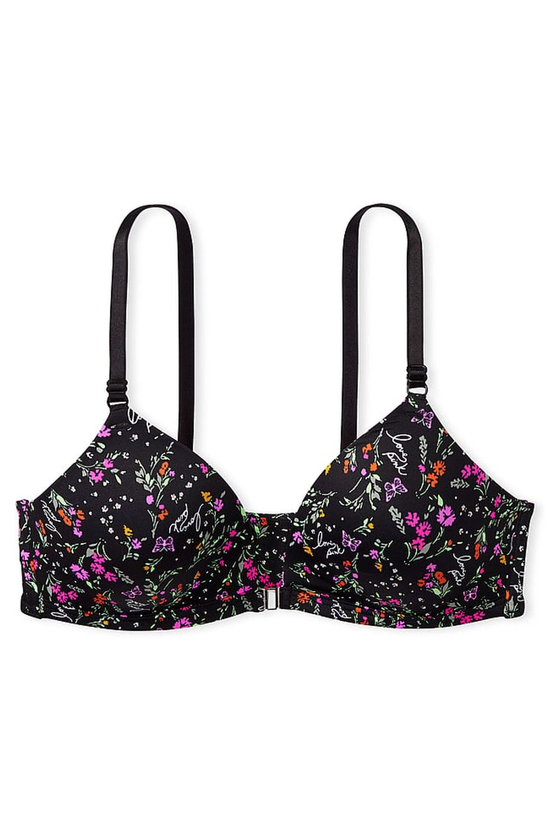 Pure Black Floral Non Wired Lightly Lined Front Close Bra - Image 1 of 1