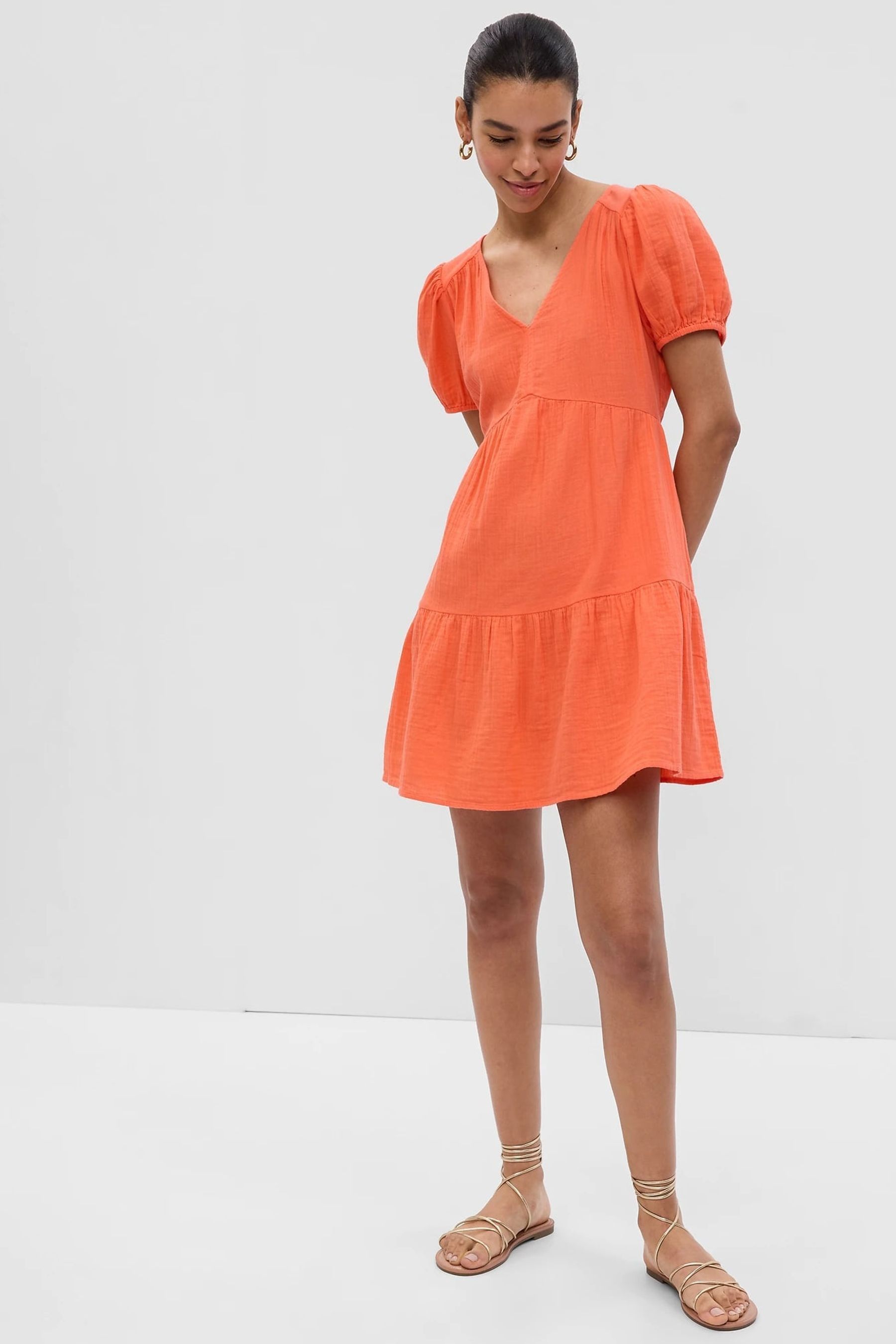 Buy Orange Crinkle Gauze Puff Sleeve Tiered Mini Dress from the Gap online shop
