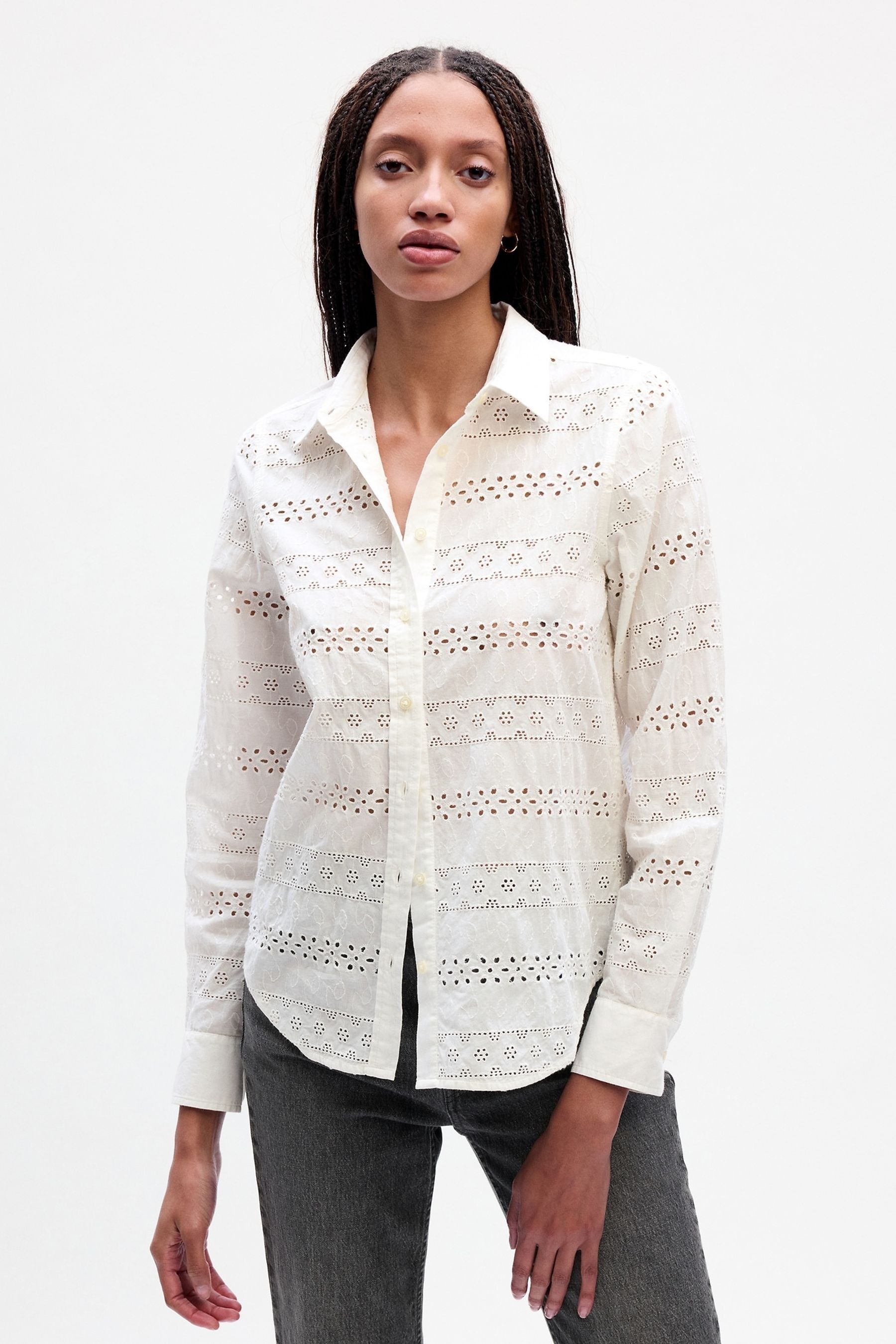 Buy White Eyelet Perfect Long Sleeve Shirt from the Gap online shop