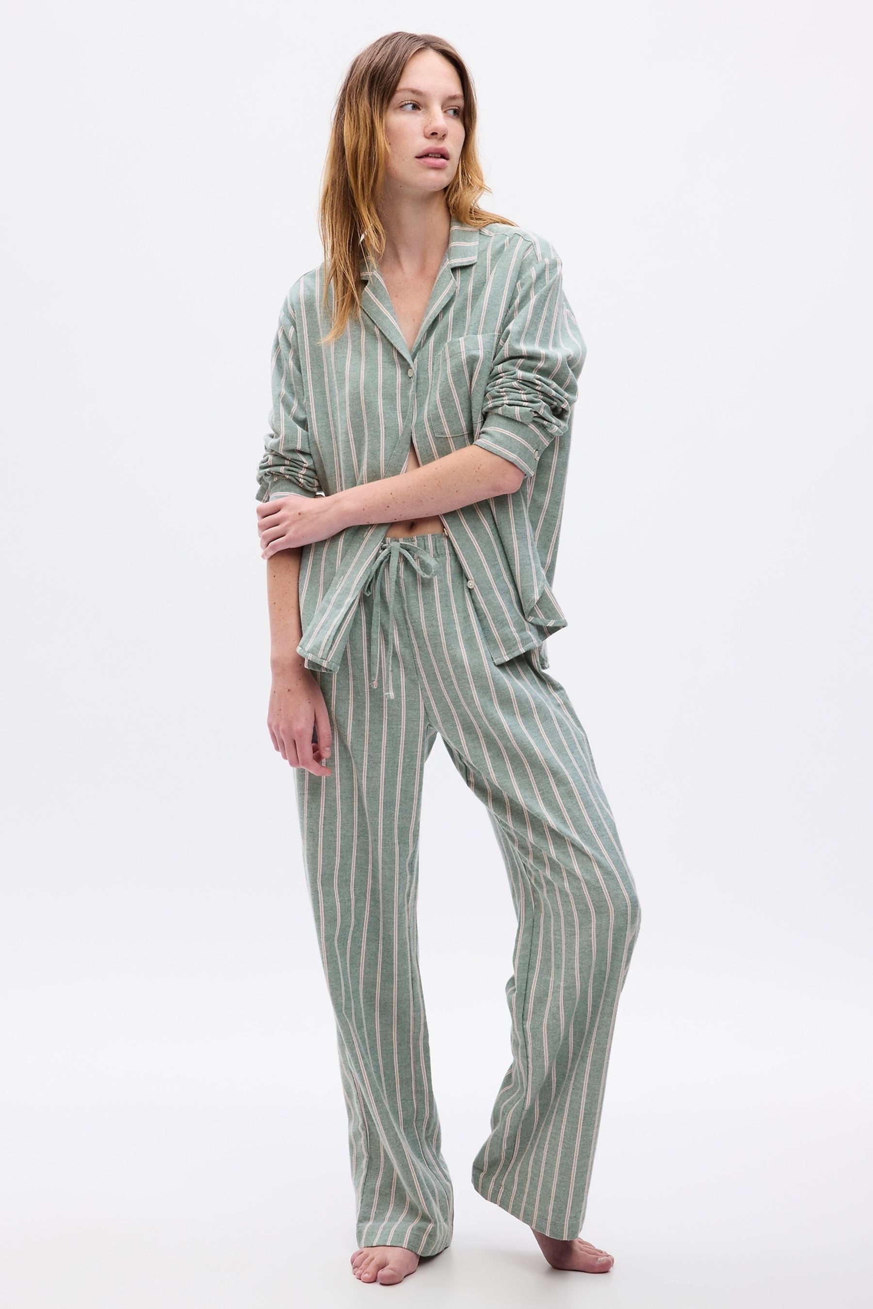 Green Stripe Cotton Print Flannel Pyjama Set